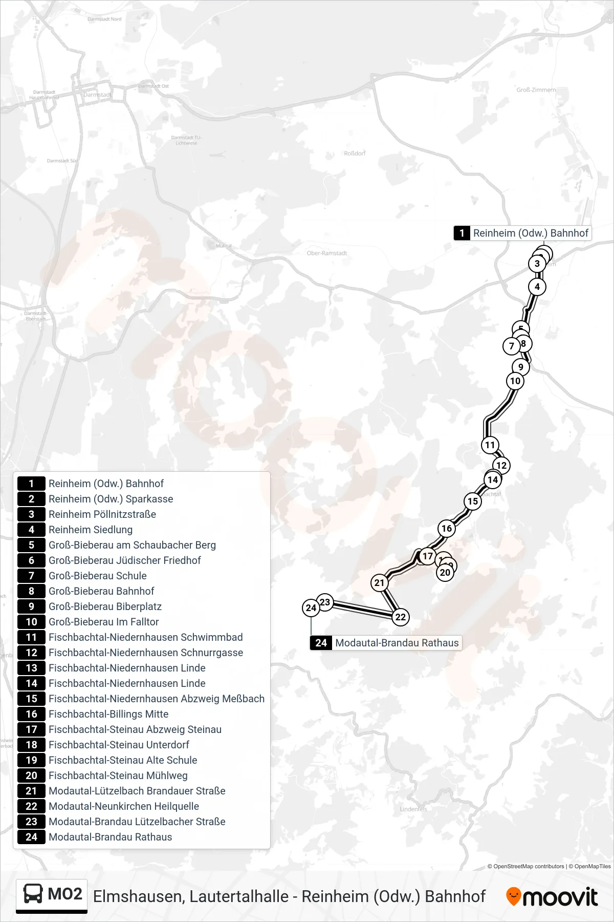 MO2 bus Line (Modautal-Brandau Rathaus) route and stops on a map