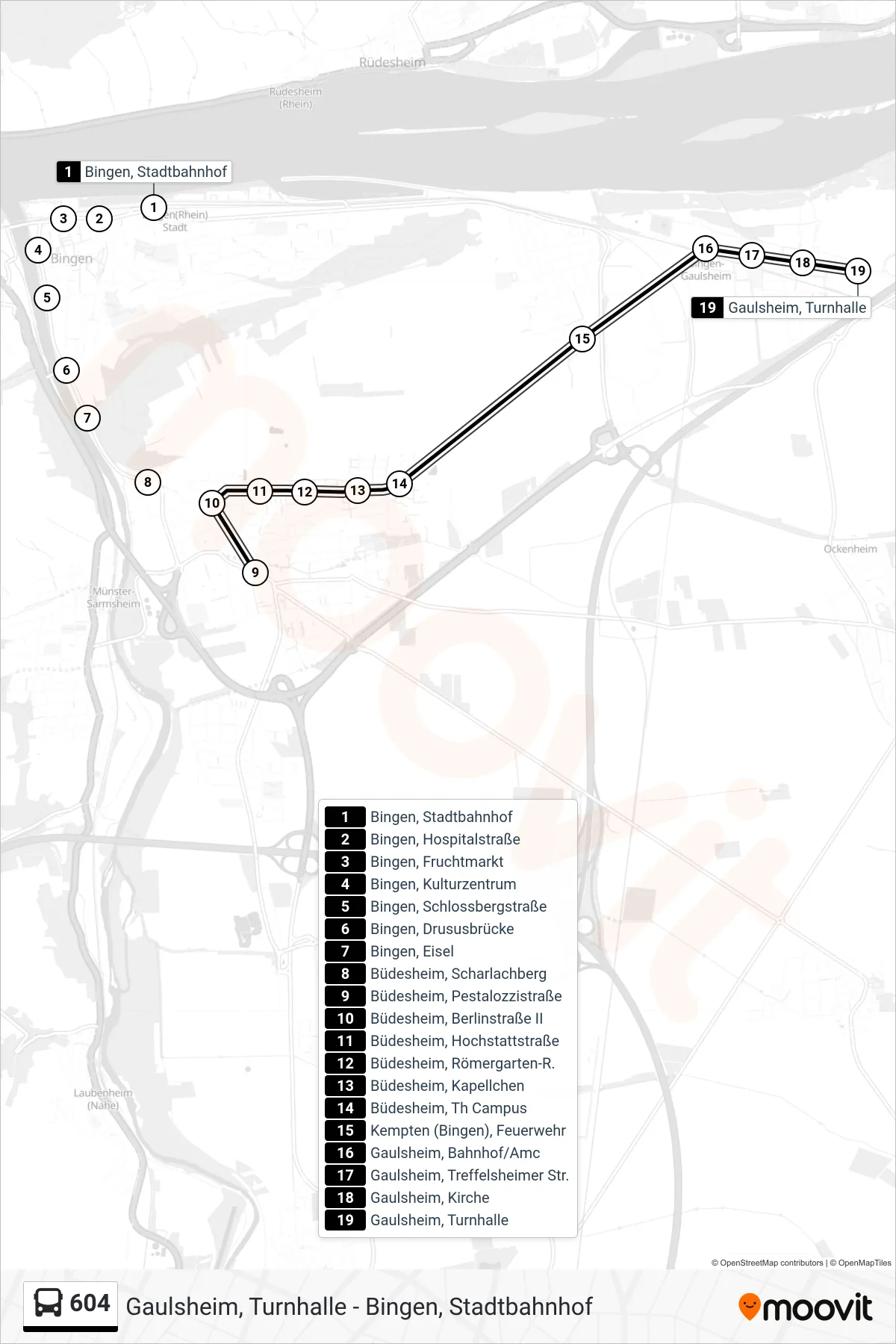 604 bus Line (Gaulsheim) route and stops on a map