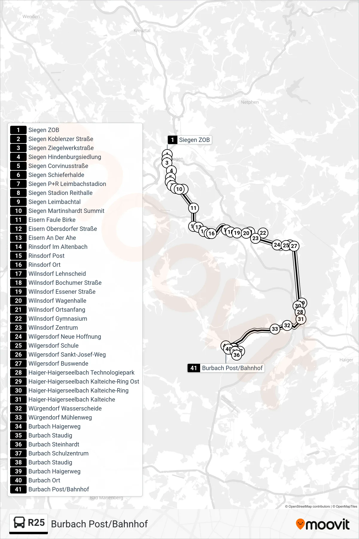 R25 bus Line (Burbach Post/Bahnhof) route and stops on a map