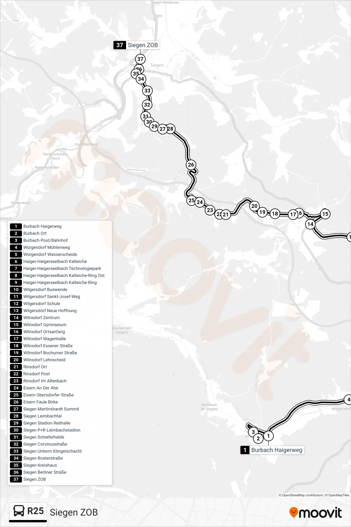 Linie R25 (Bus) Richtung Siegen ZOB: Route und Haltestellen auf der Karte