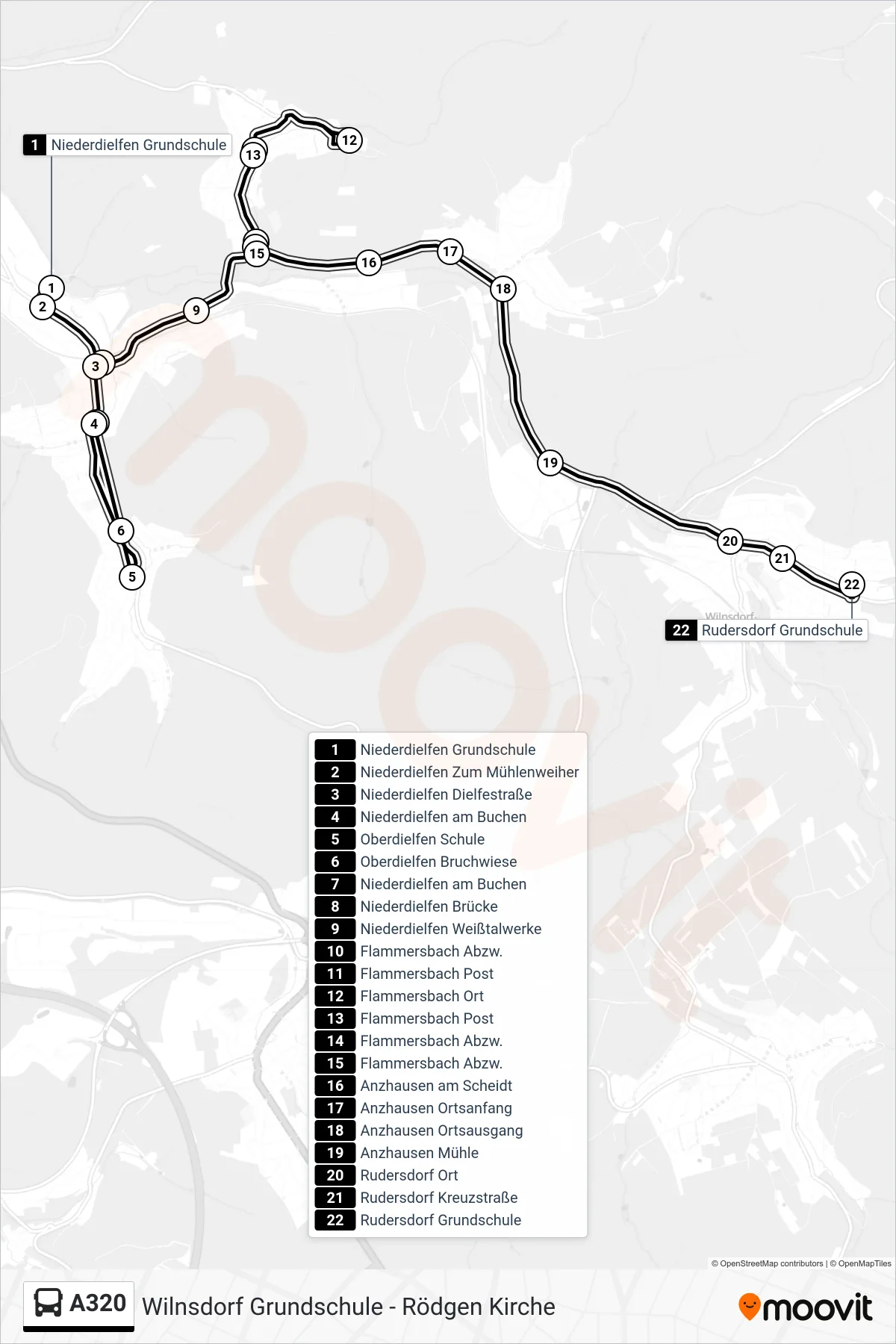 A320 bus Line (Rudersdorf Grundschule) route and stops on a map
