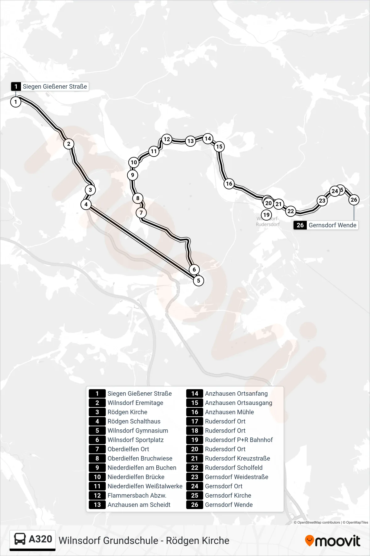 A320 bus Line (Gernsdorf Wende) route and stops on a map