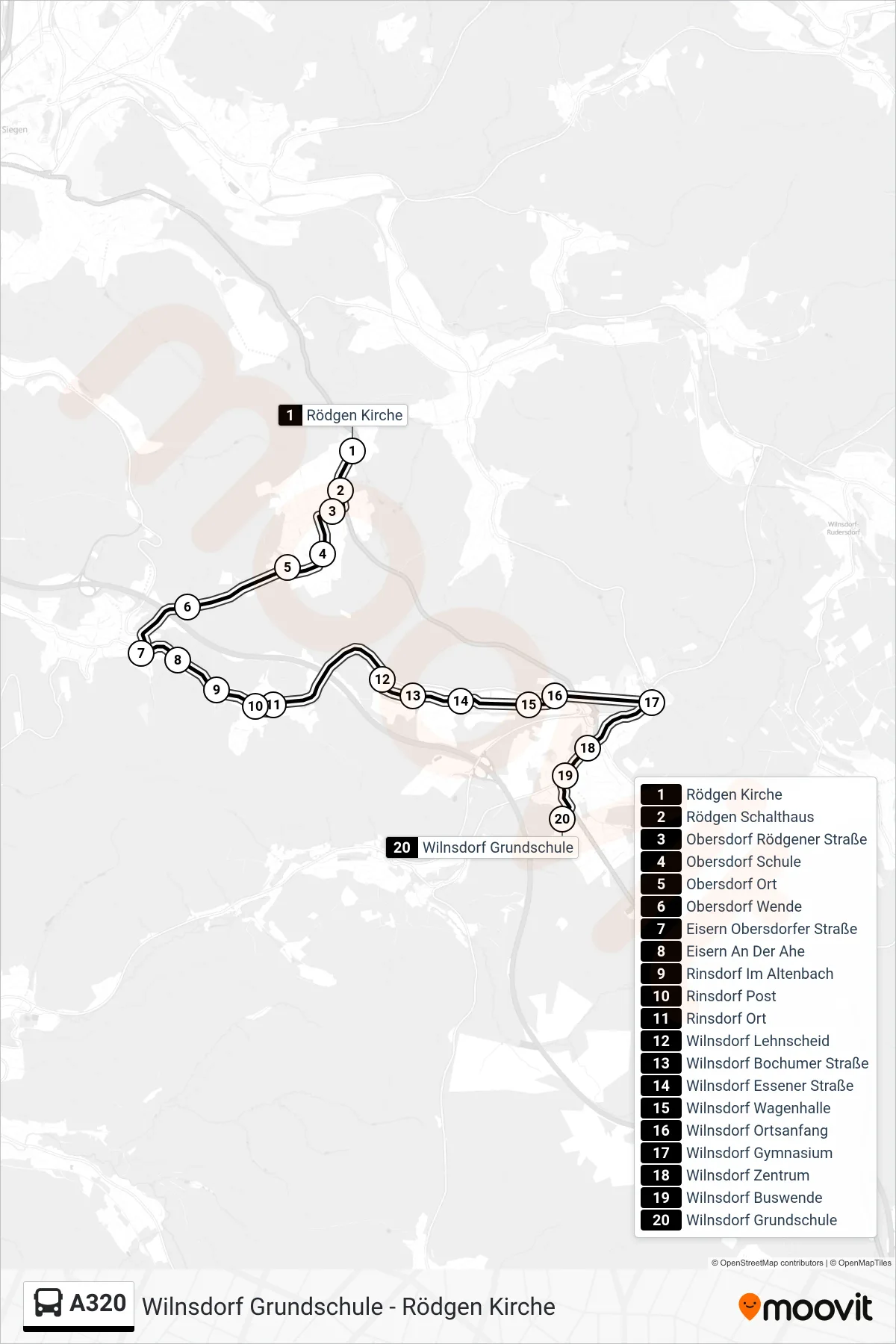 A320 bus Line (Wilnsdorf Grundschule) route and stops on a map