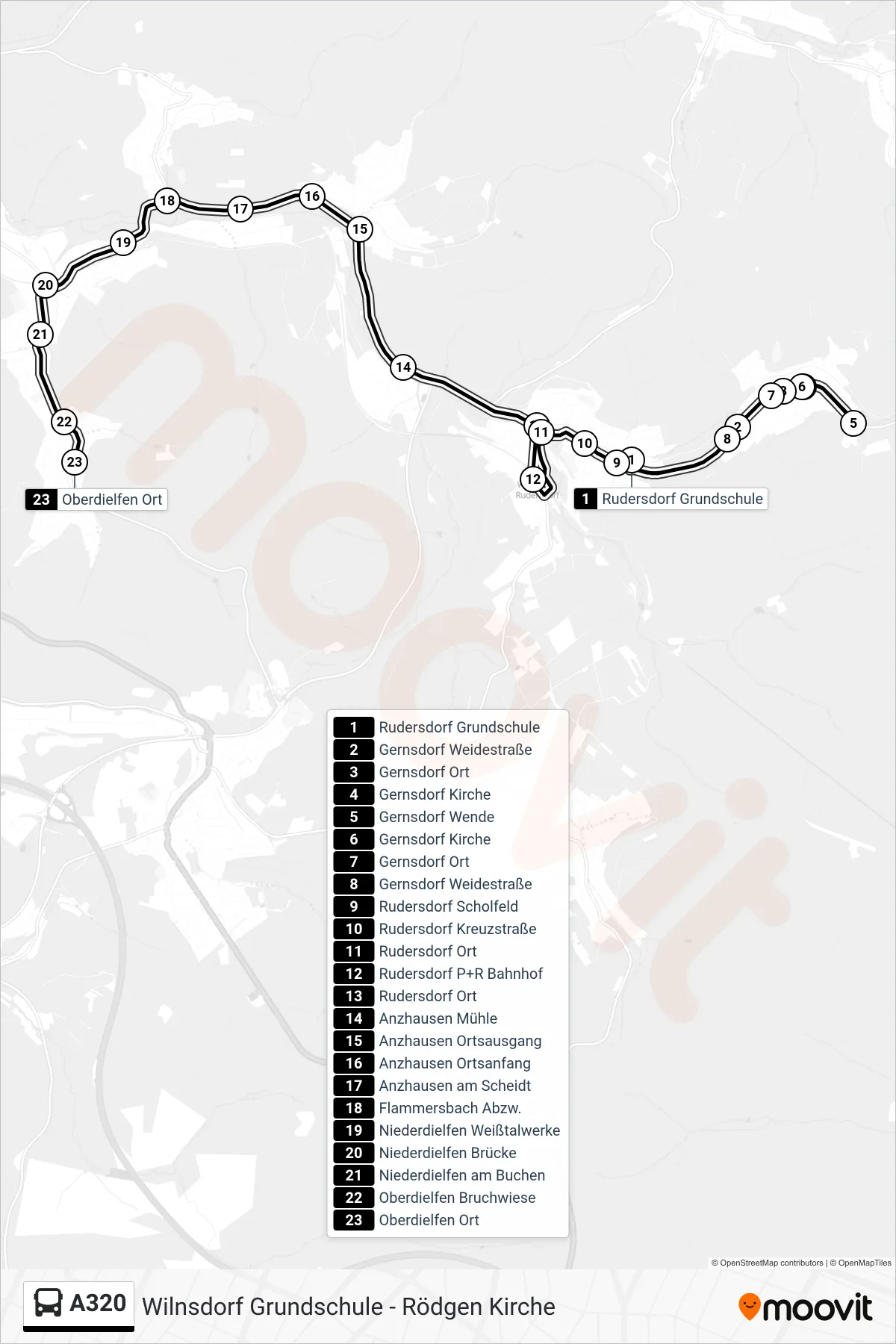 A320 bus Line (Oberdielfen Ort) route and stops on a map