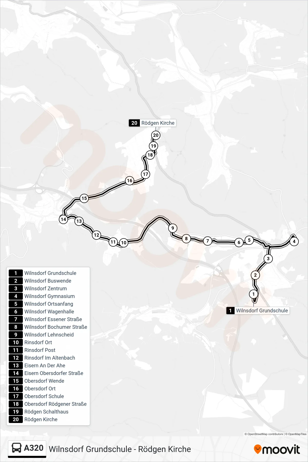 A320 bus Line (Rödgen Kirche) route and stops on a map