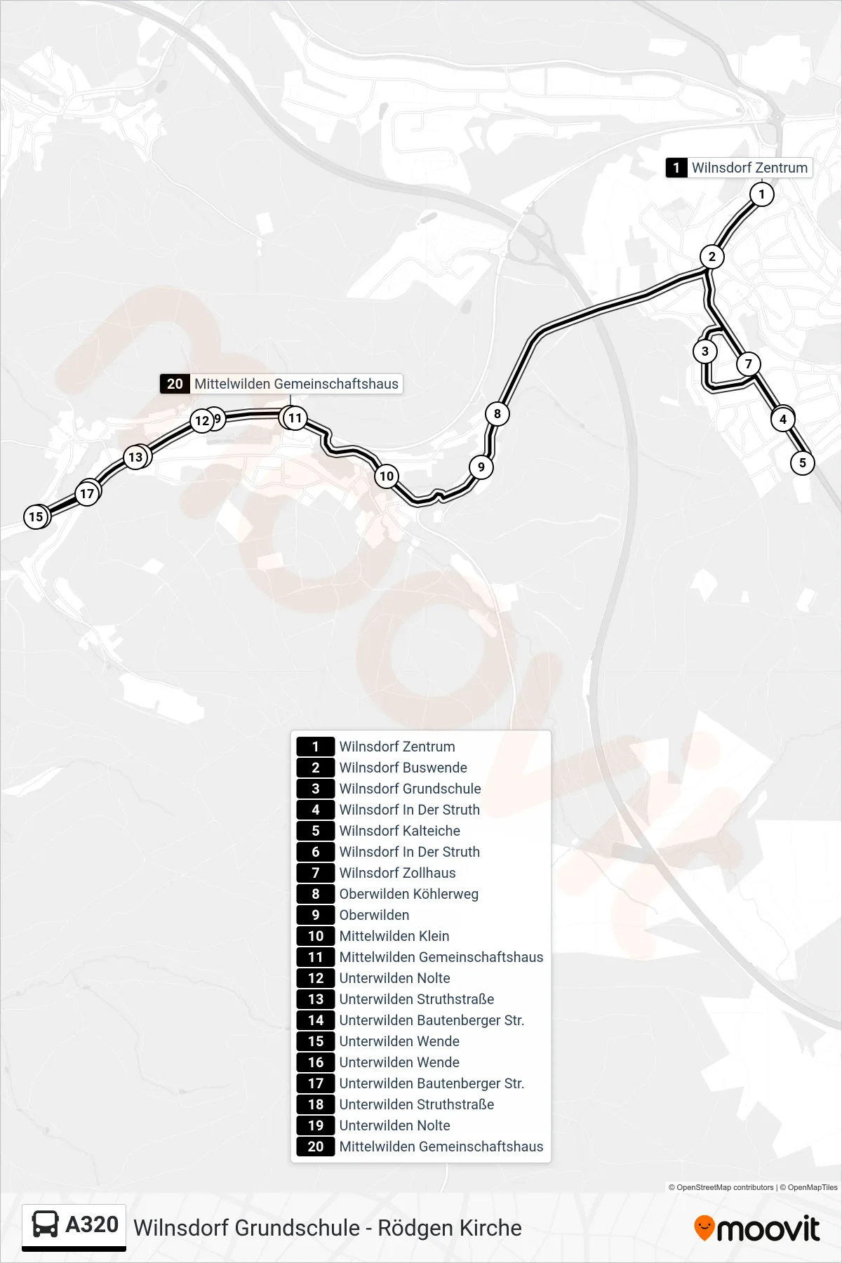 A320 bus Line (Mittelwilden Gemeinschaftshaus) route and stops on a map