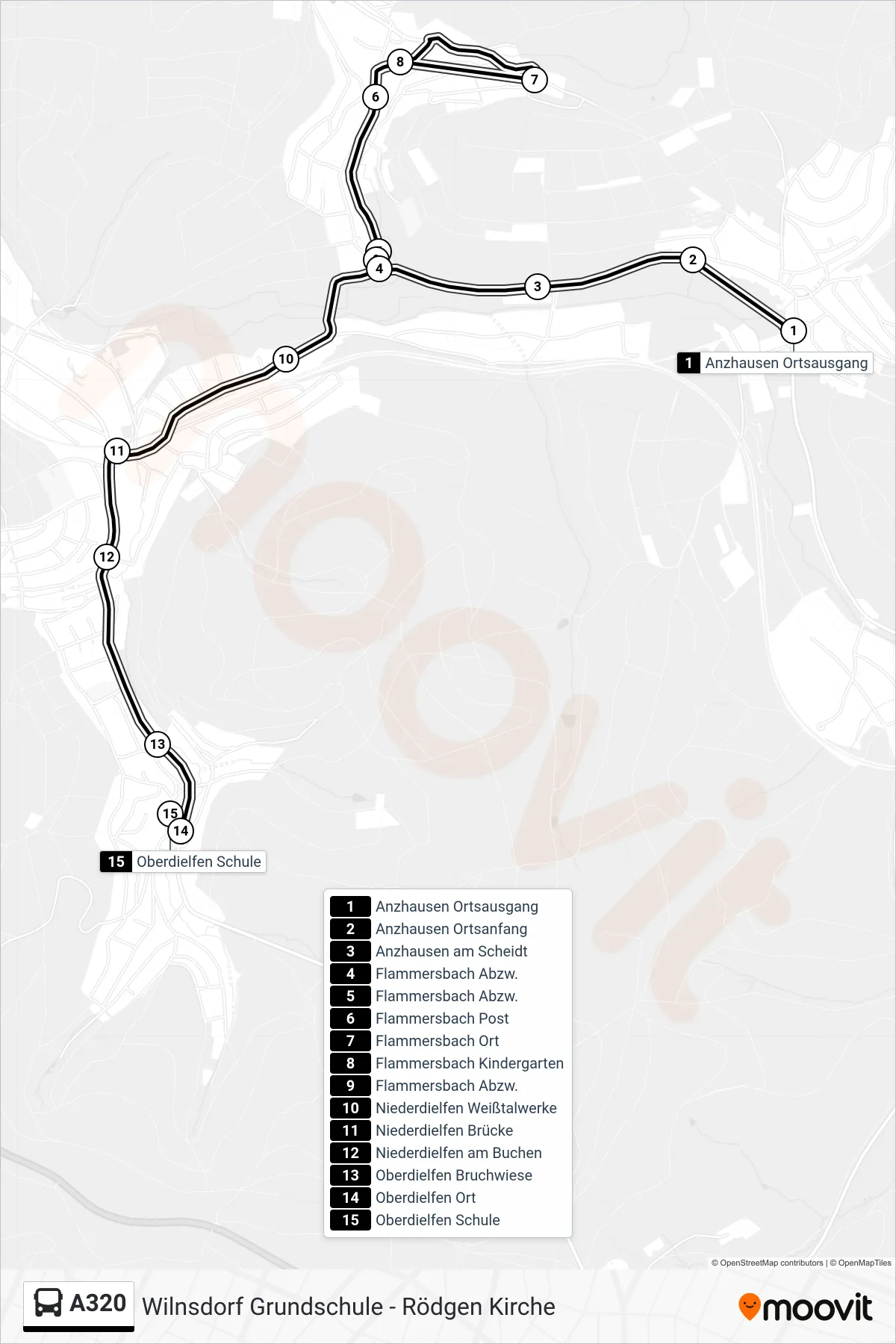A320 bus Line (Oberdielfen Schule) route and stops on a map