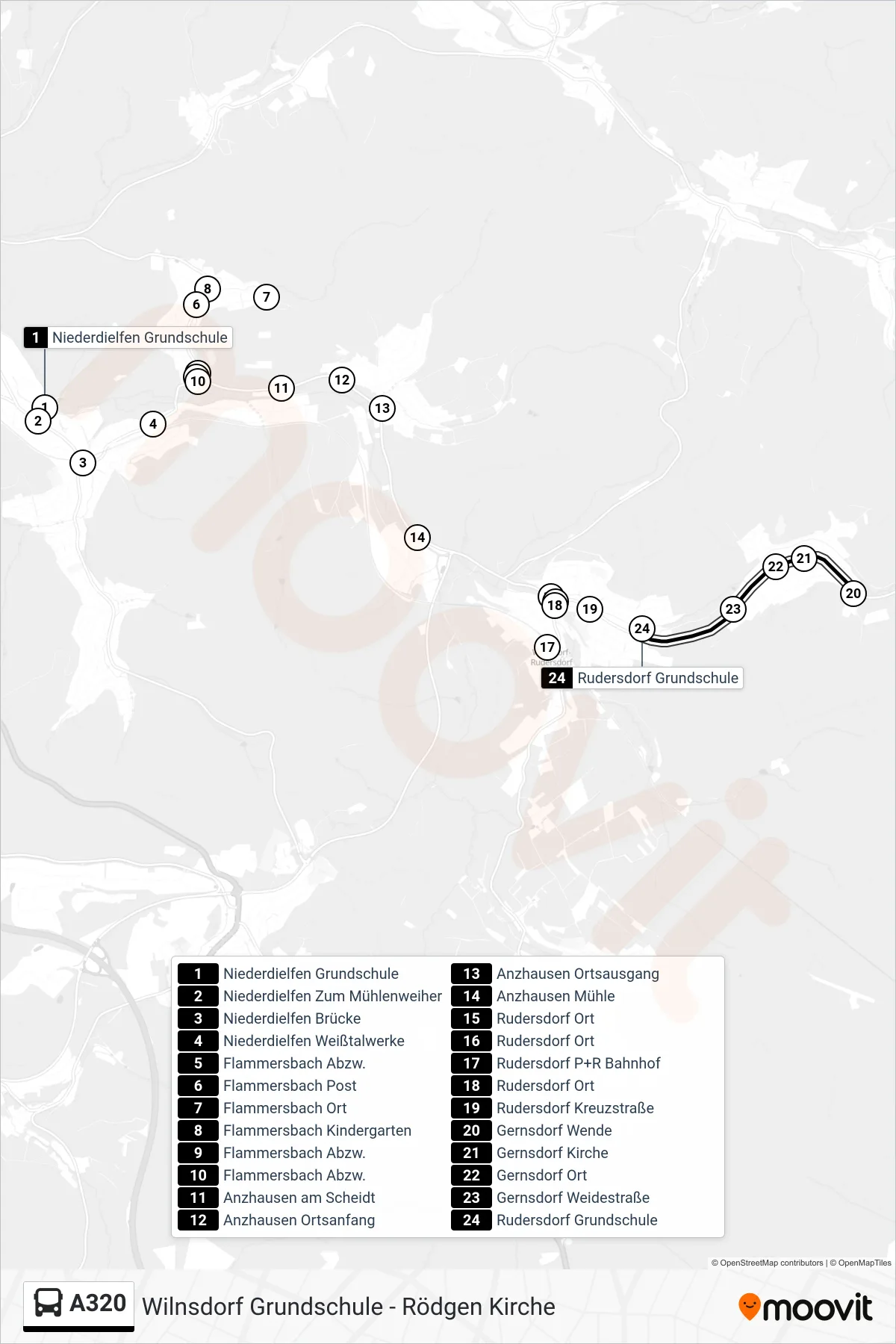 A320 bus Line (Rudersdorf Grundschule) route and stops on a map