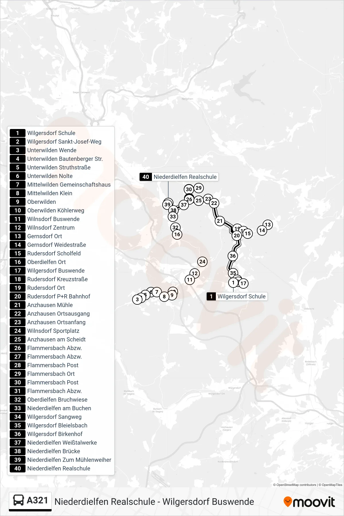 A321 bus Line (Niederdielfen Realschule) route and stops on a map