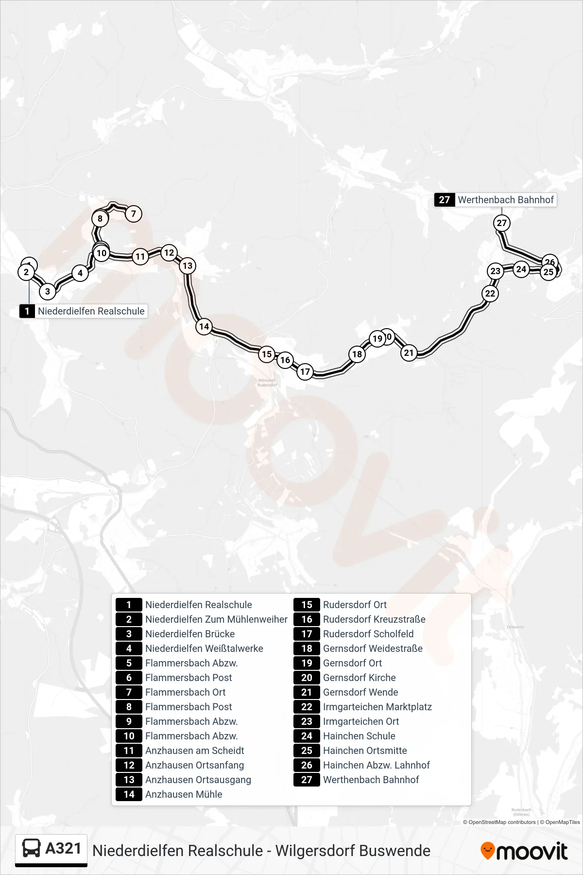 A321 bus Line (Werthenbach Bahnhof) route and stops on a map