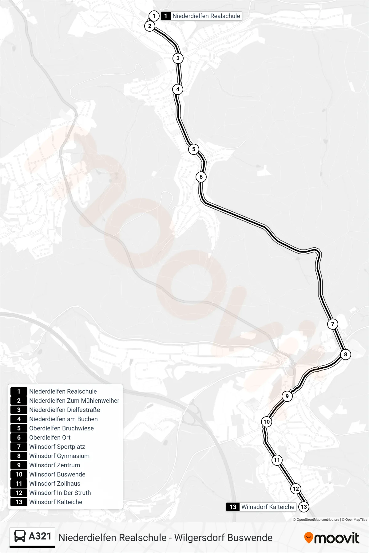 A321 bus Line (Wilnsdorf Kalteiche) route and stops on a map