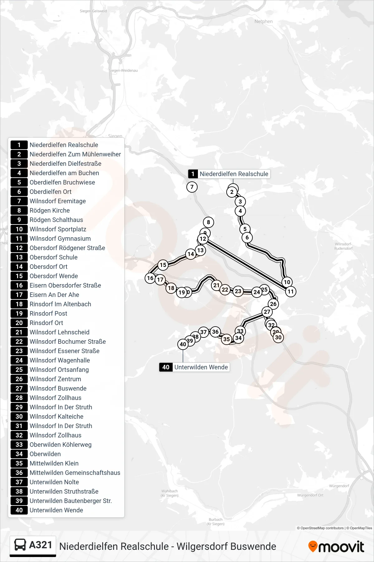 A321 bus Line (Unterwilden Wende) route and stops on a map