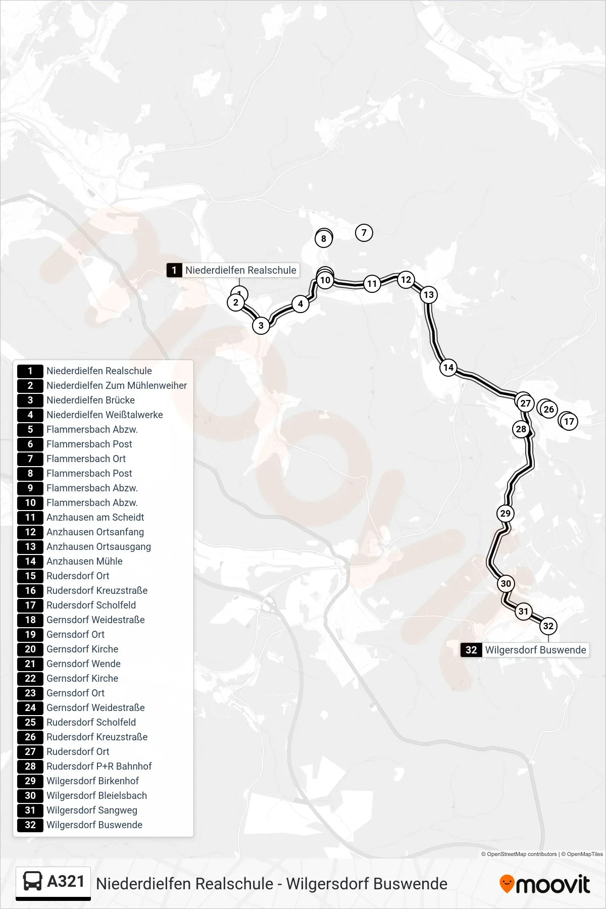 A321 bus Line (Wilgersdorf Buswende) route and stops on a map