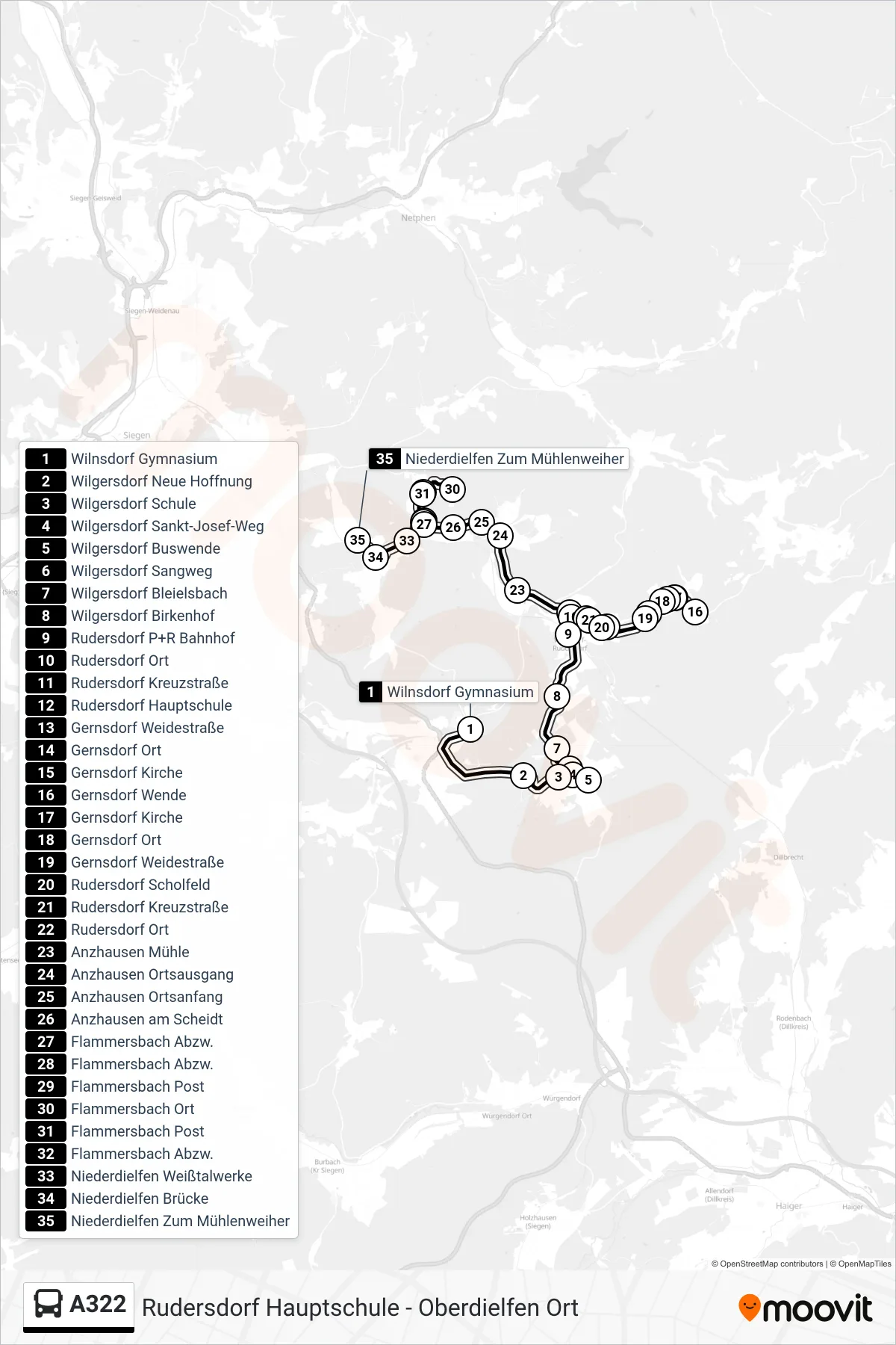 A322 bus Line (Niederdielfen Zum Mühlenweiher) route and stops on a map