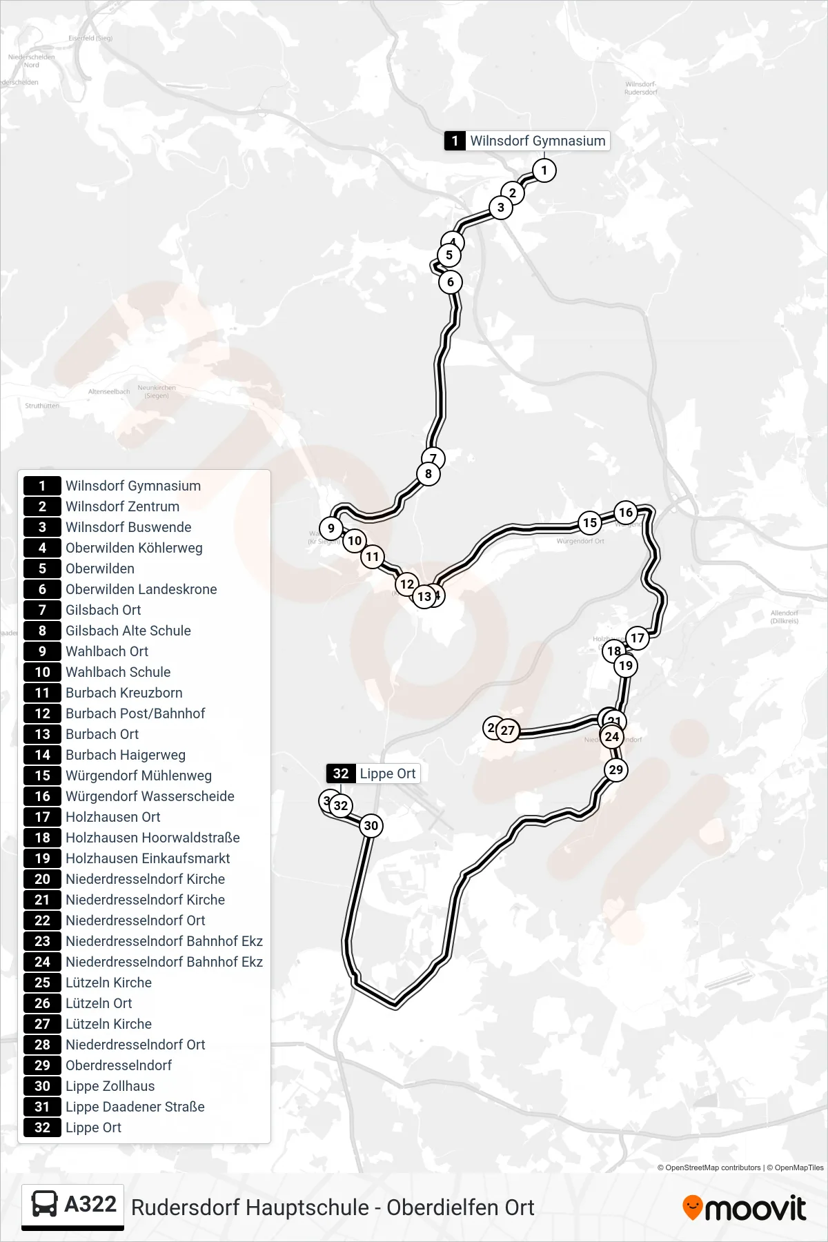 A322 bus Line (Lippe Ort) route and stops on a map