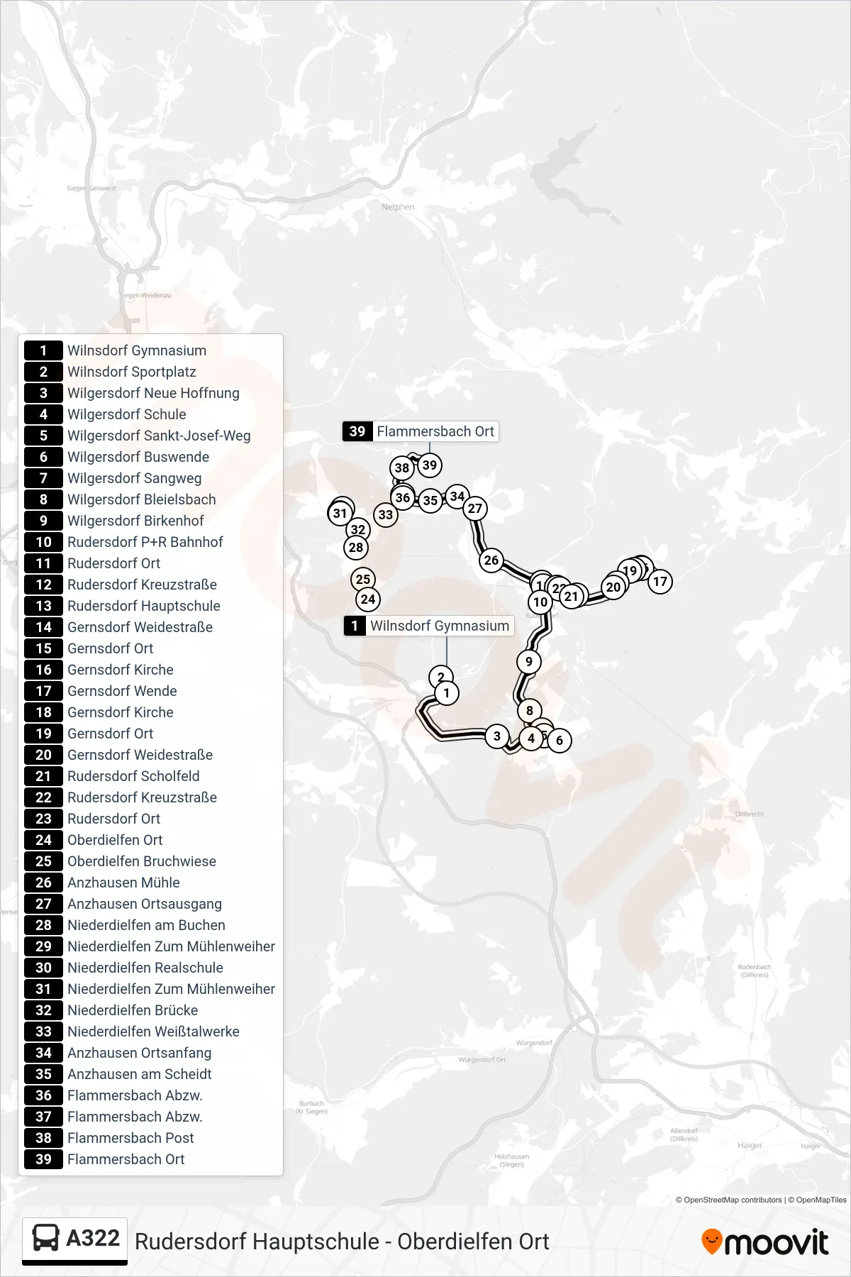 A322 bus Line (Flammersbach Ort) route and stops on a map