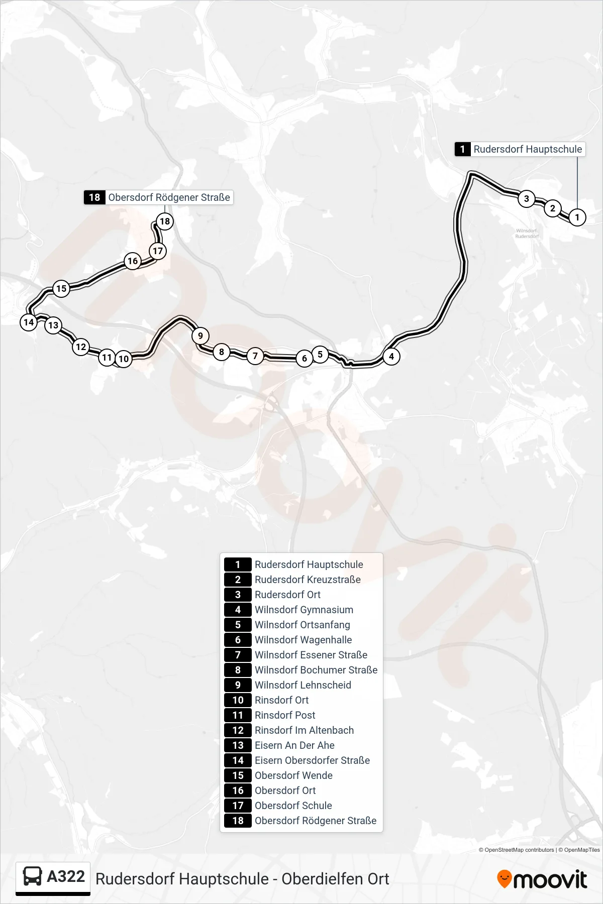 A322 bus Line (Obersdorf Rödgener Straße) route and stops on a map