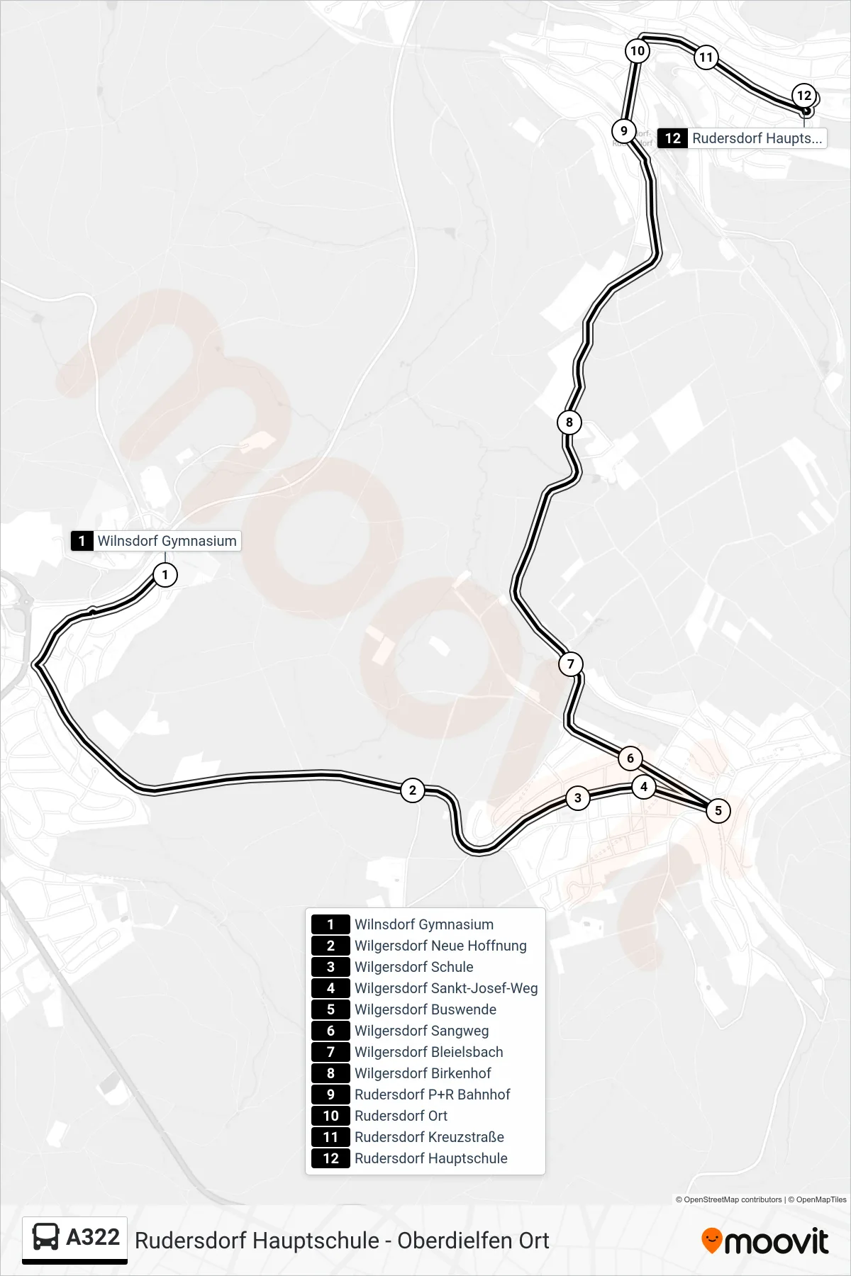 A322 bus Line (Rudersdorf Hauptschule) route and stops on a map