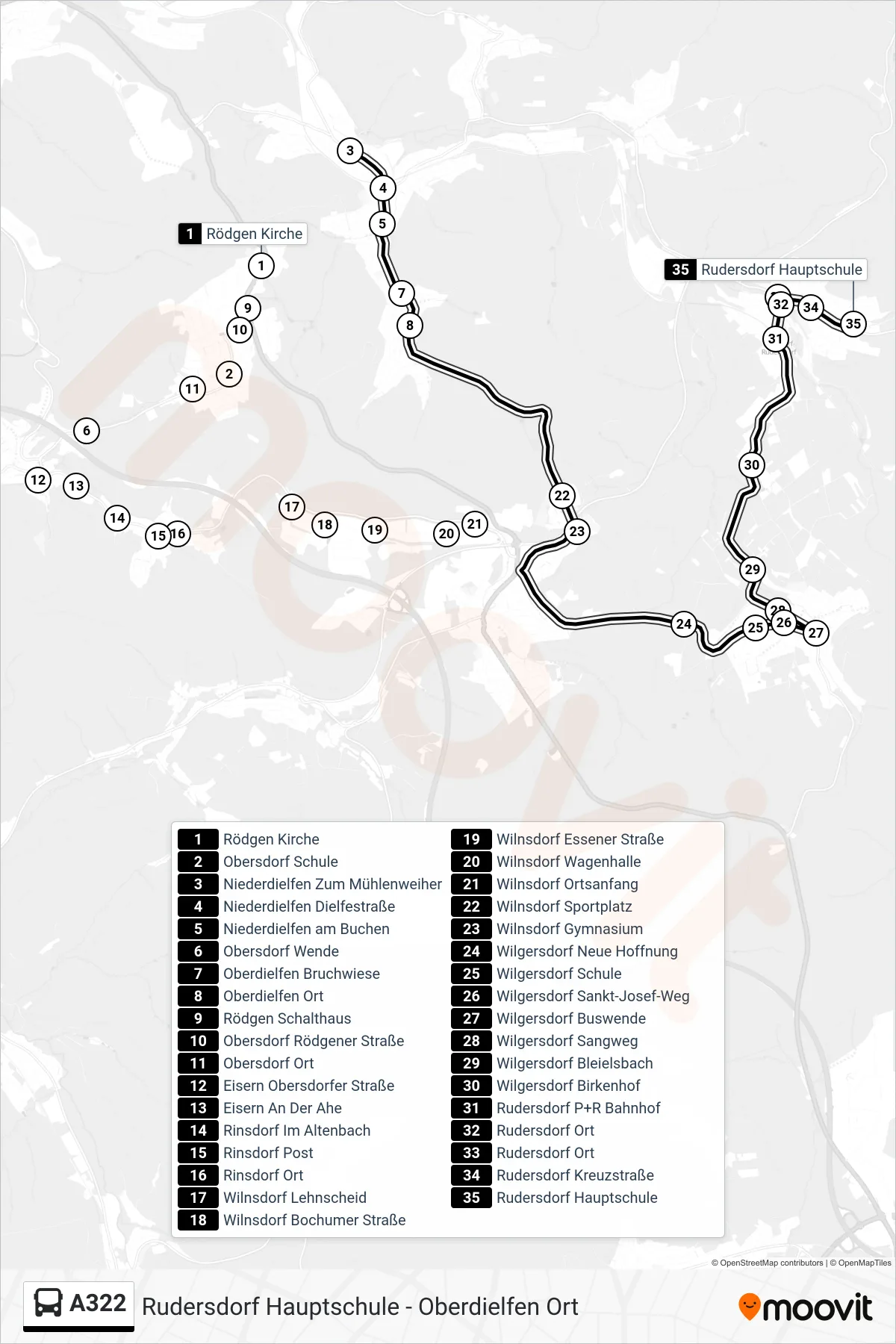 A322 bus Line (Rudersdorf Hauptschule) route and stops on a map