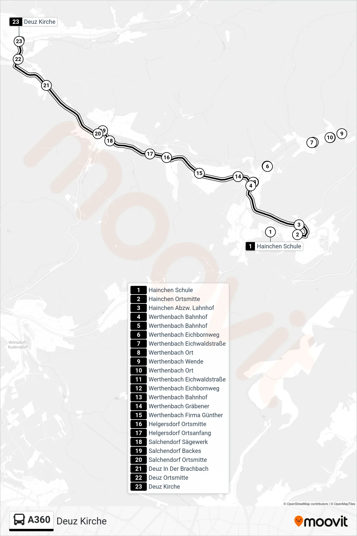 A360 bus Line (Deuz Kirche) route and stops on a map