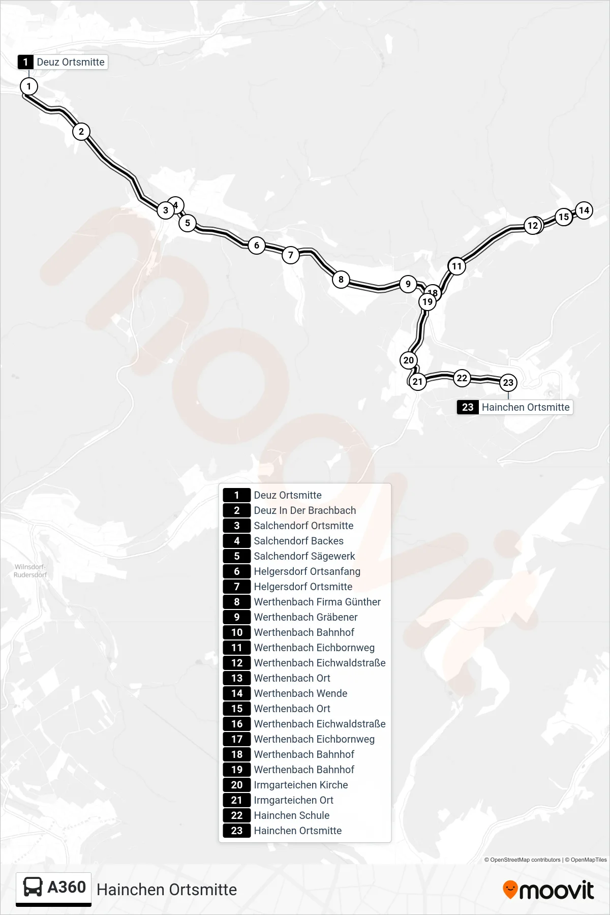 A360 bus Line (Hainchen Ortsmitte) route and stops on a map