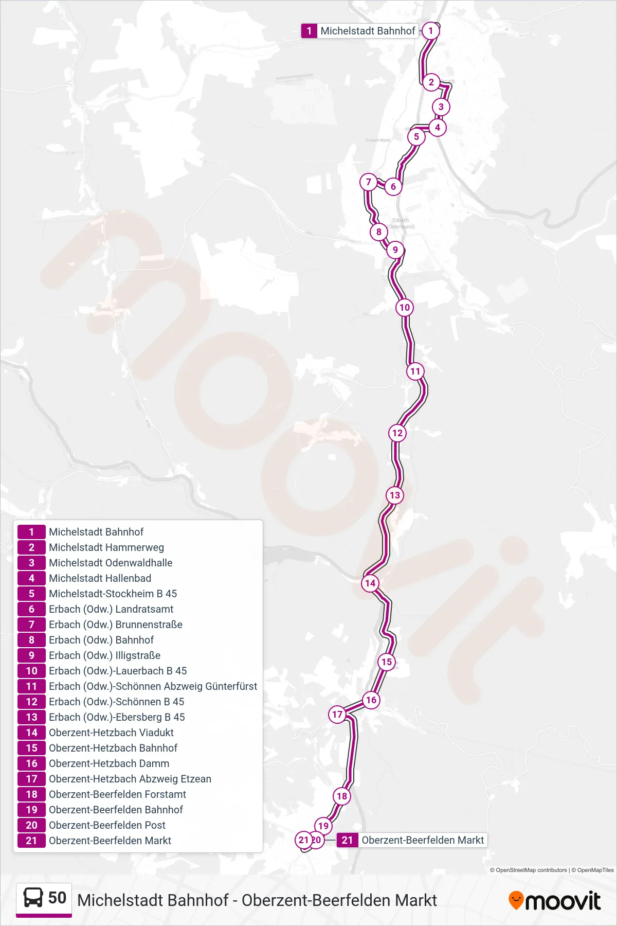 Linie 50 (Bus) Richtung Beerfelden: Route und Haltestellen auf der Karte