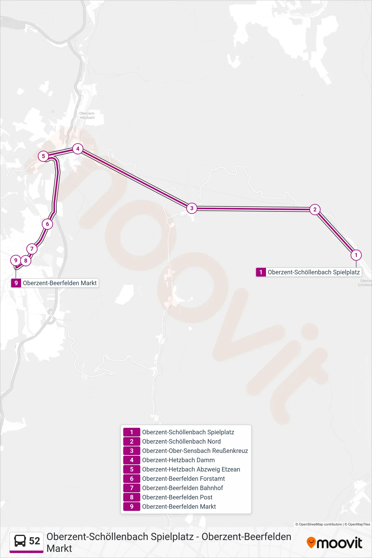 52 bus Line (Beerfelden) route and stops on a map
