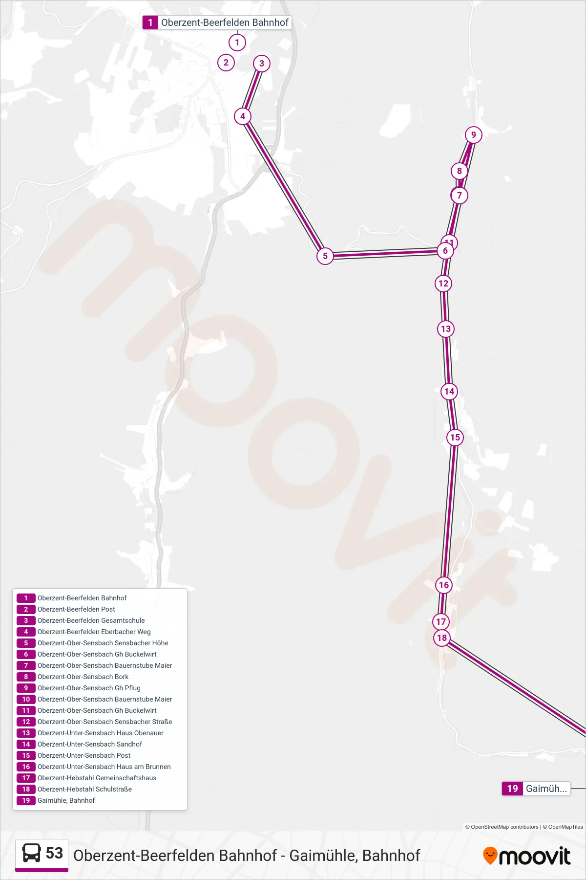 53 bus Line (Gaimühle) route and stops on a map