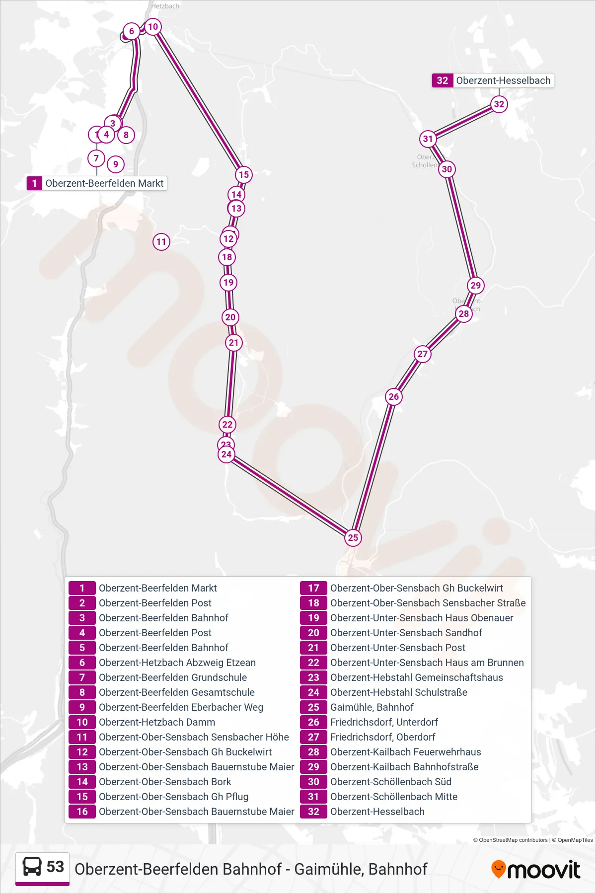 53 bus Line (Hesseneck) route and stops on a map