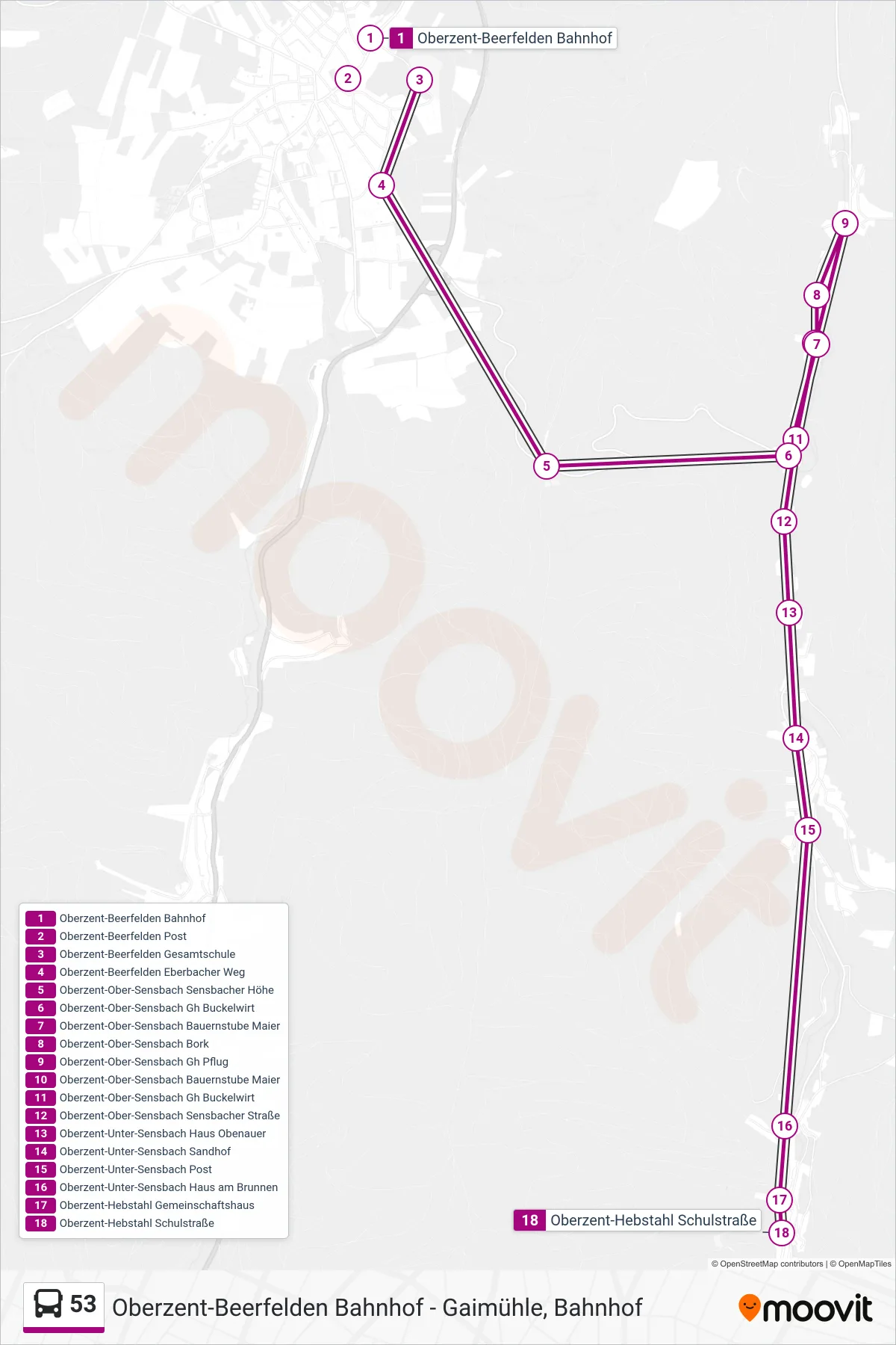 53 bus Line (Sensbachtal) route and stops on a map