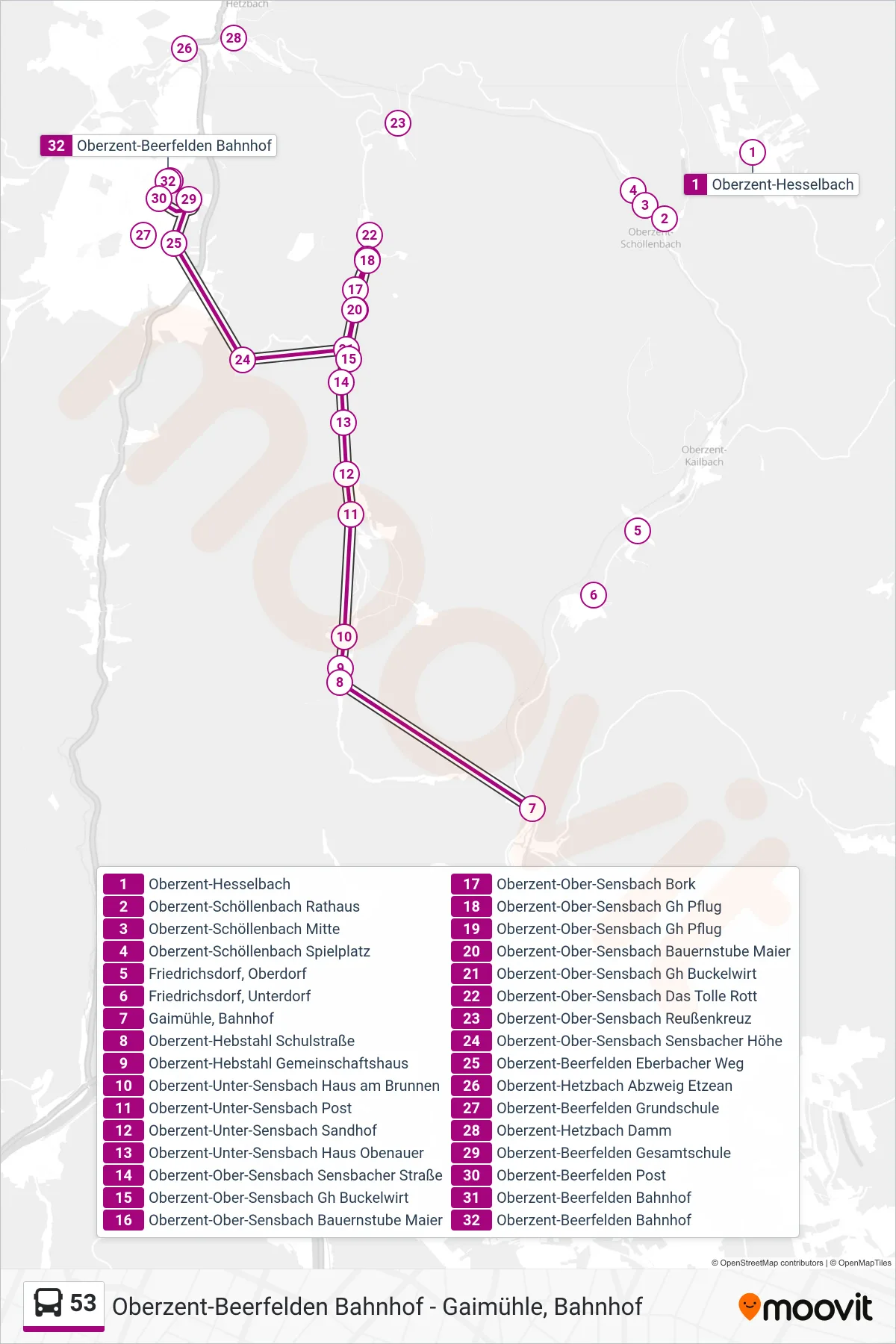53 bus Line (Beerfelden) route and stops on a map