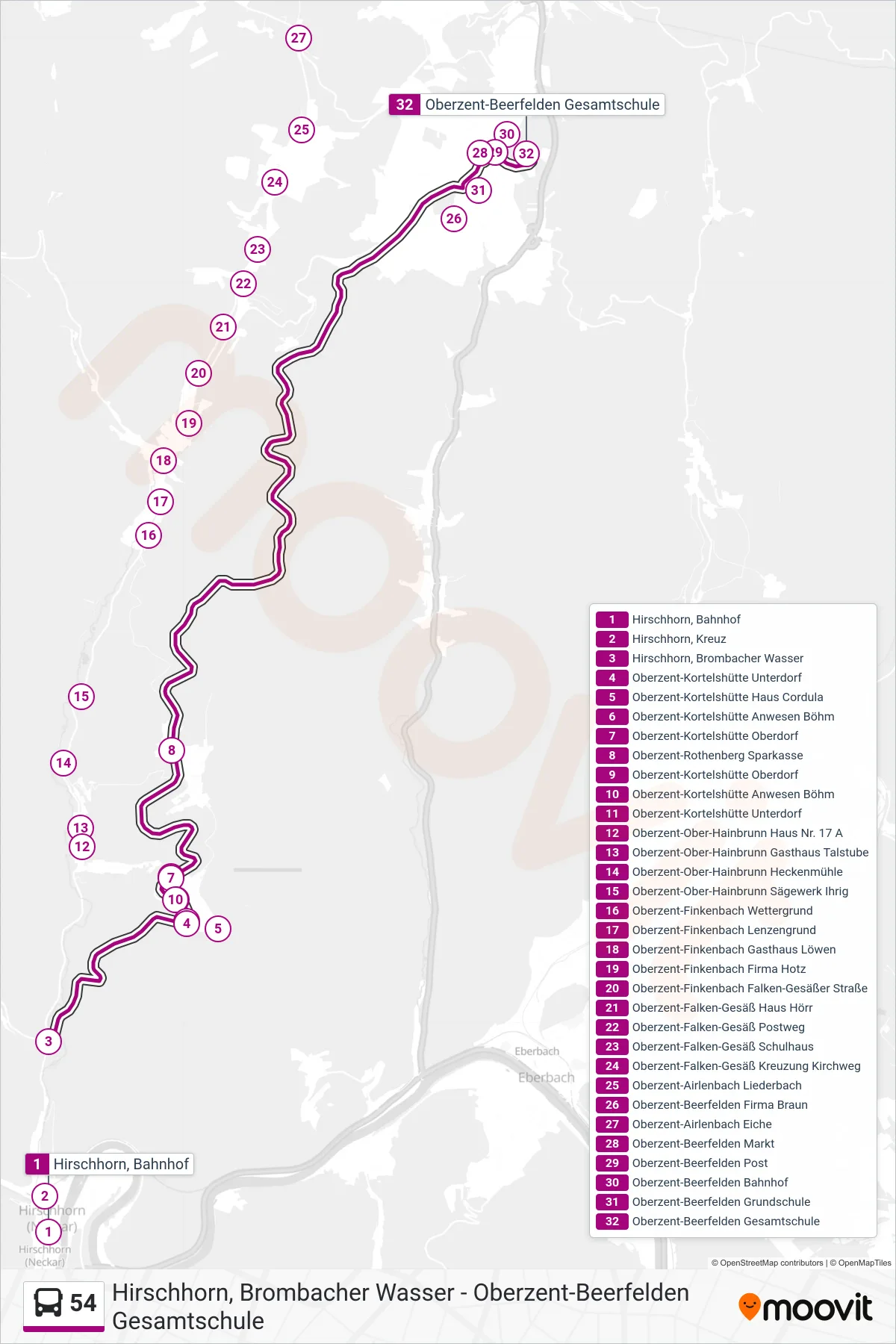 54 bus Line (Beerfelden) route and stops on a map