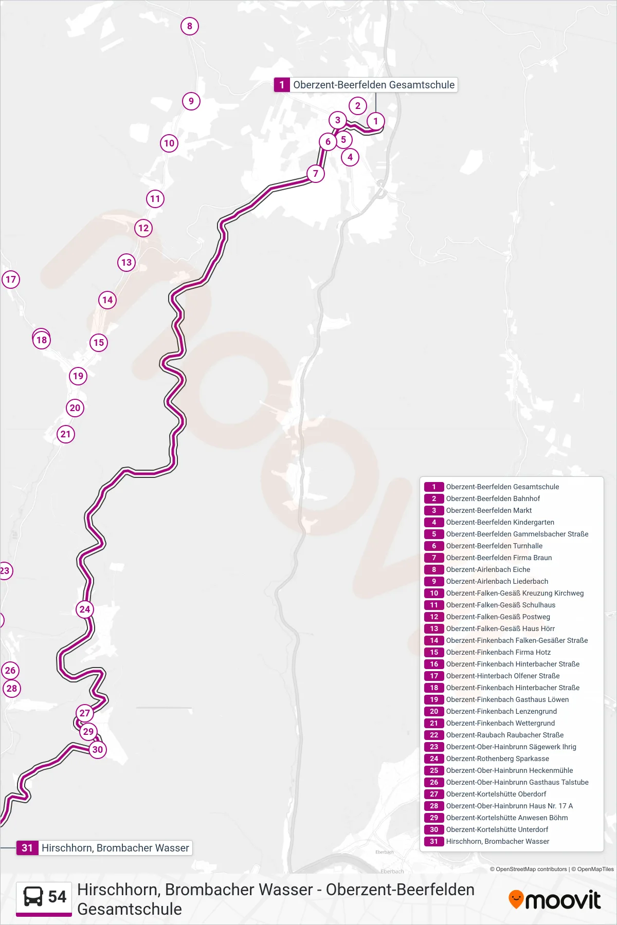 54 bus Line (Hirschhorn Bromb. Wasser) route and stops on a map