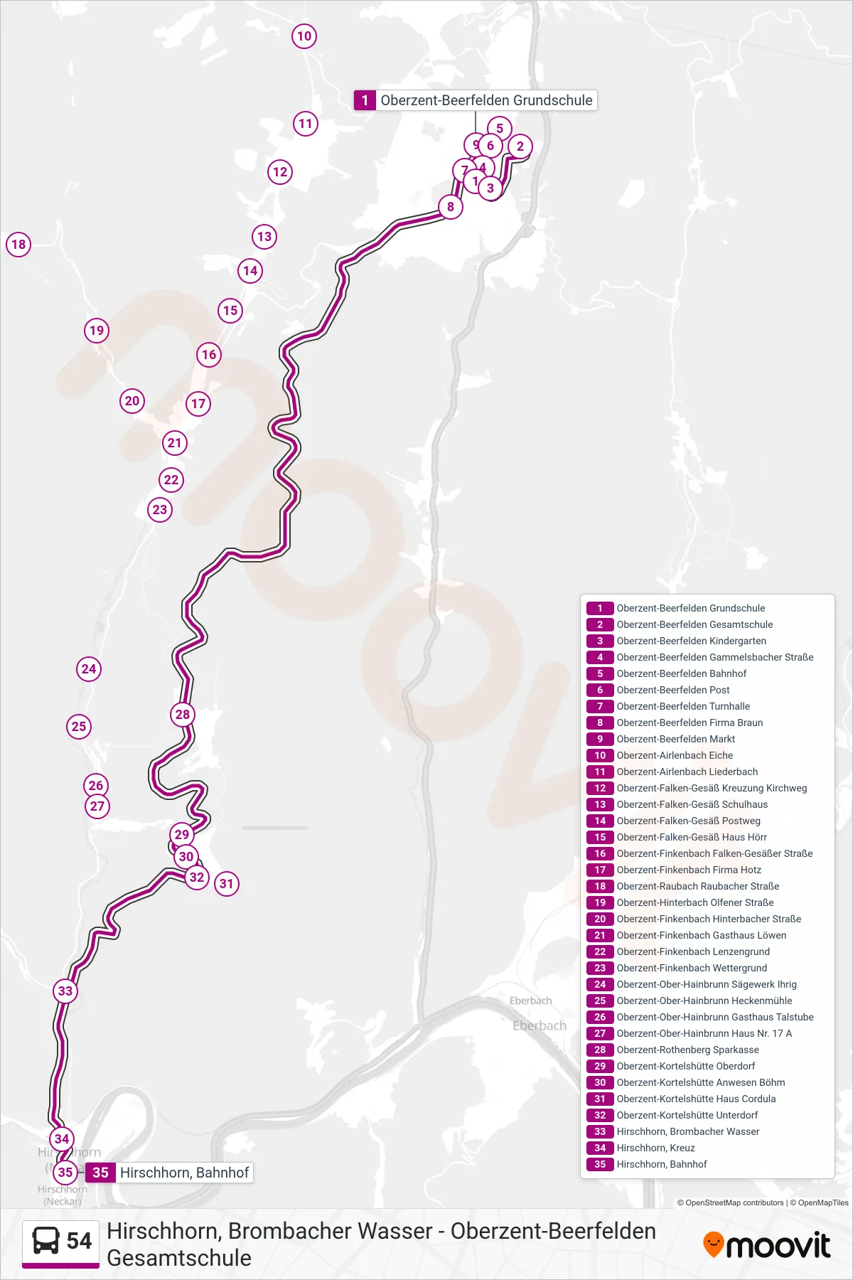 54 bus Line (Hirschhorn) route and stops on a map