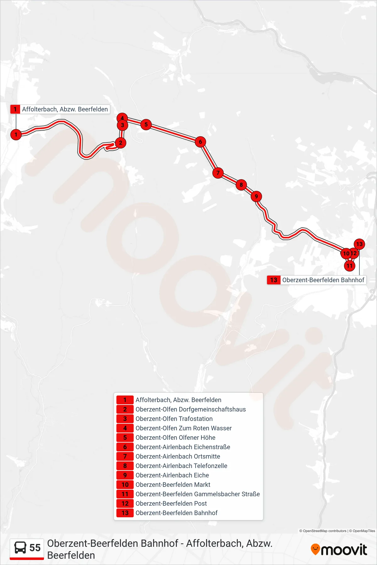 55 bus Line (Beerfelden) route and stops on a map