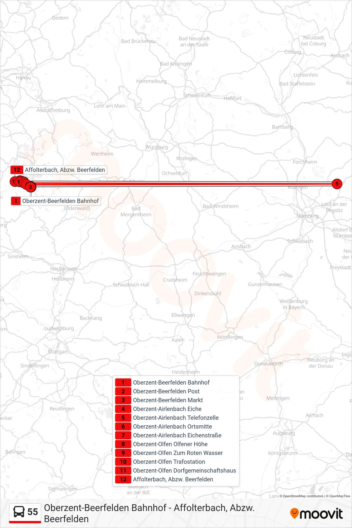 55 bus Line (Affolterbach) route and stops on a map