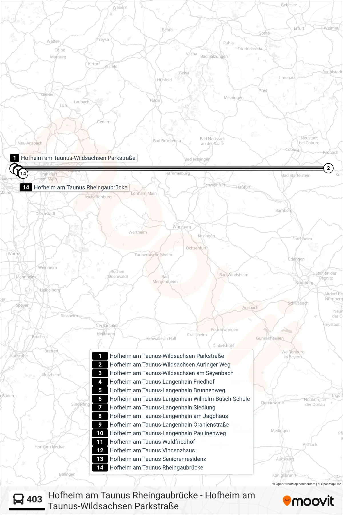 403 bus Line (Hofheim am Taunus Rheingaubrücke) route and stops on a map
