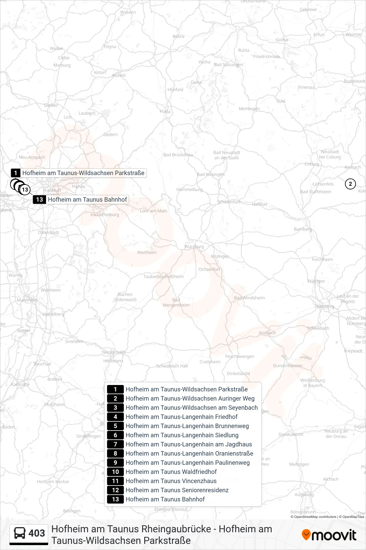 403 bus Line (Hofheim am Taunus Bahnhof) route and stops on a map