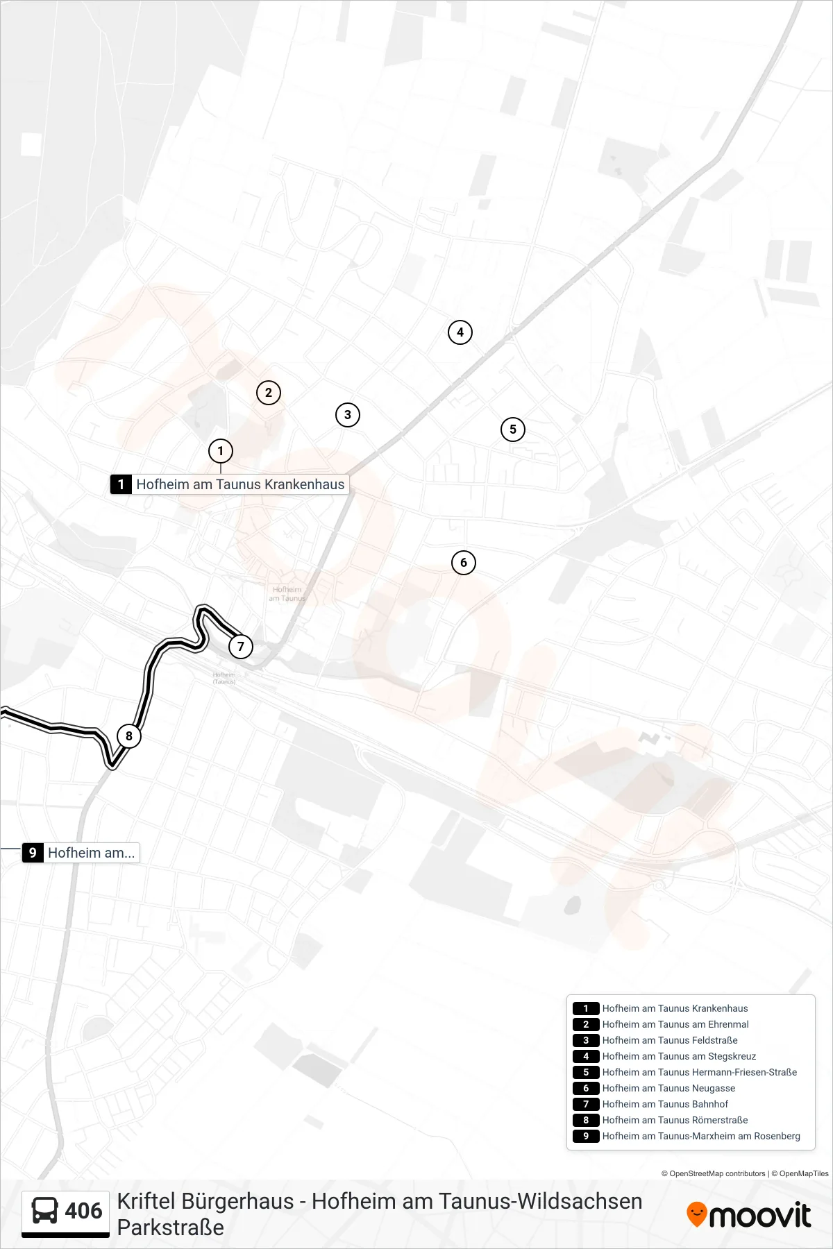 406 bus Line (Hofheim am Taunus-Marxheim am Rosenberg) route and stops on a map