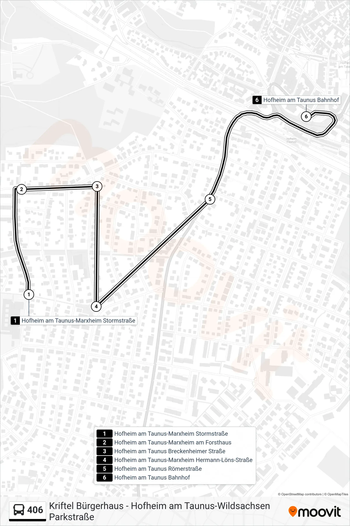 406 bus Line (Hofheim am Taunus Bahnhof) route and stops on a map