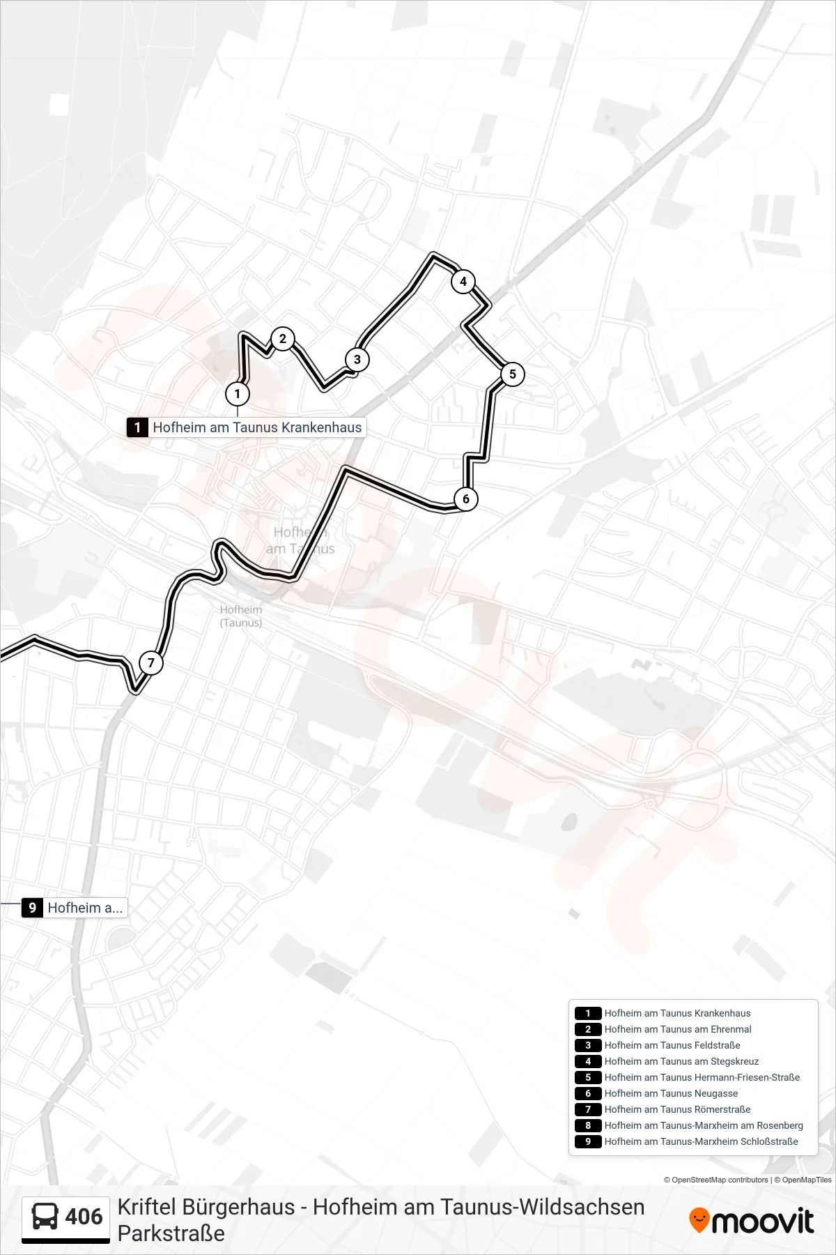 406 bus Line (Hofheim am Taunus-Marxheim Schloßstraße) route and stops on a map