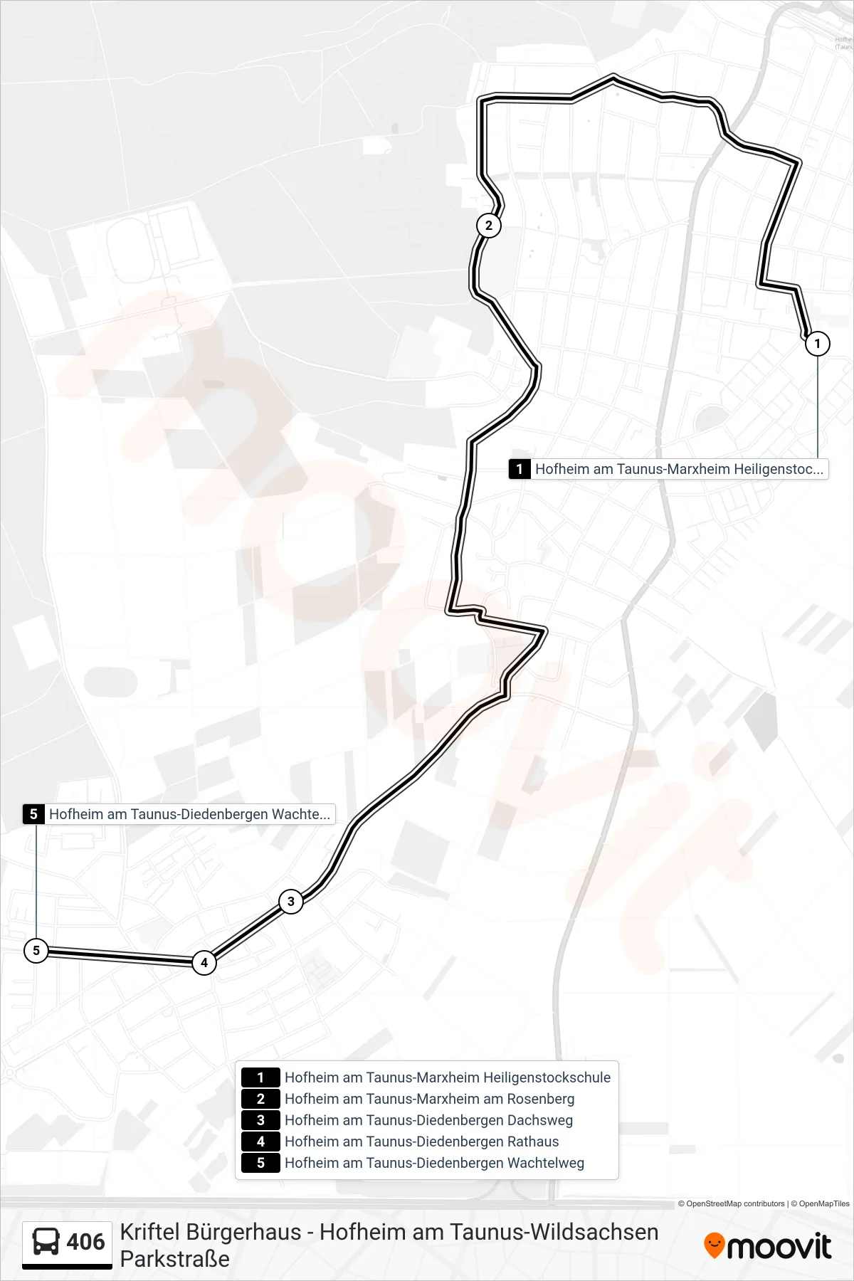 406 bus Line (Hofheim am Taunus-Diedenbergen Wachtelweg) route and stops on a map