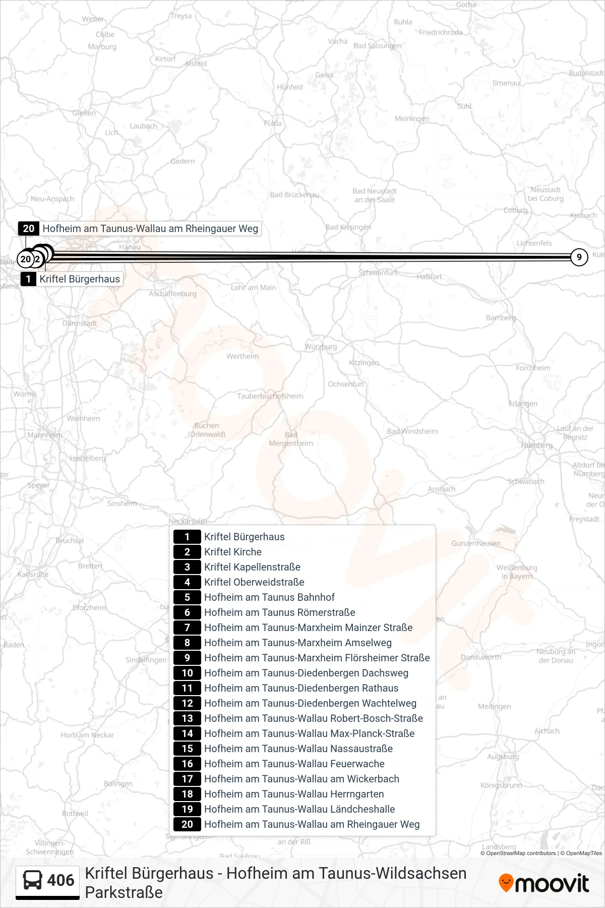 406 bus Line (Hofheim am Taunus-Wallau am Rheingauer Weg) route and stops on a map