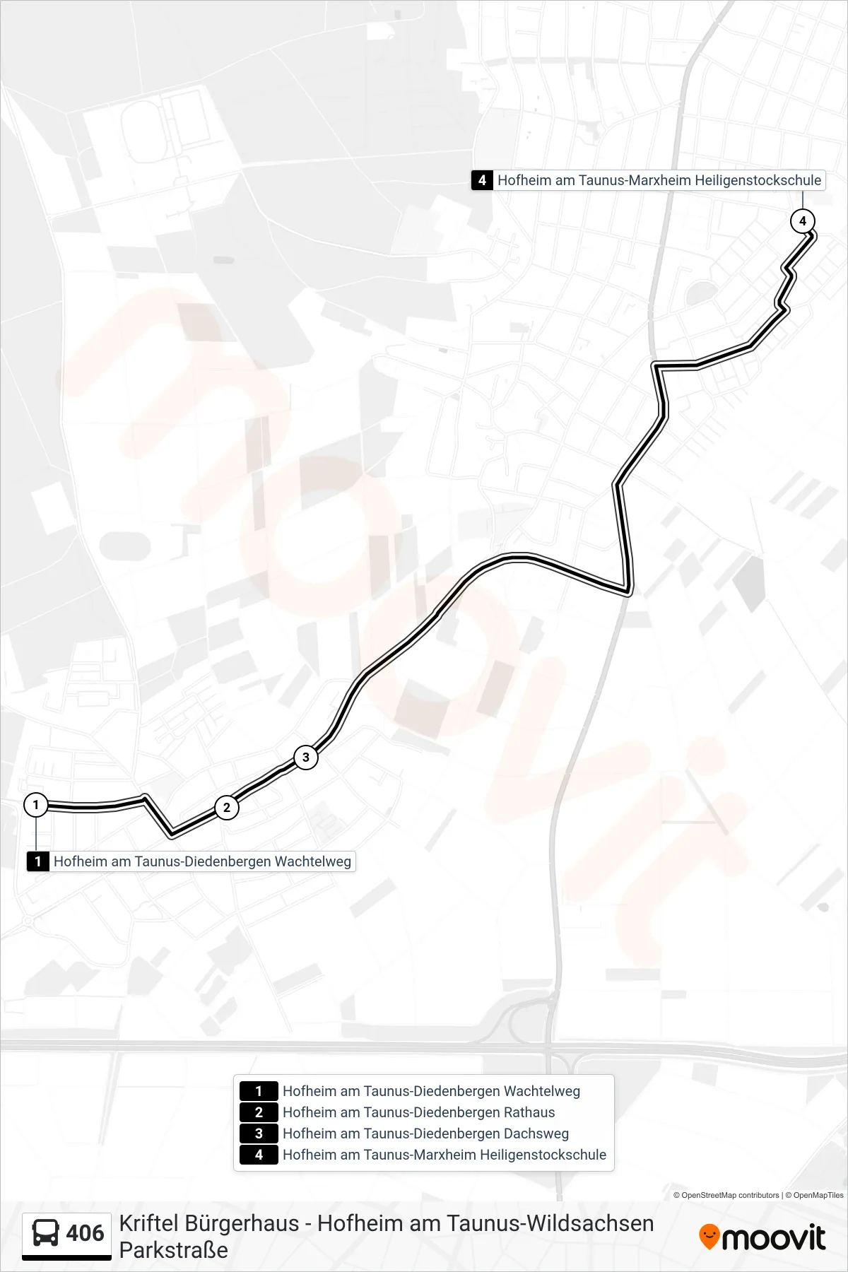 406 bus Line (Hofheim am Taunus-Marxheim Heiligenstockschule) route and stops on a map