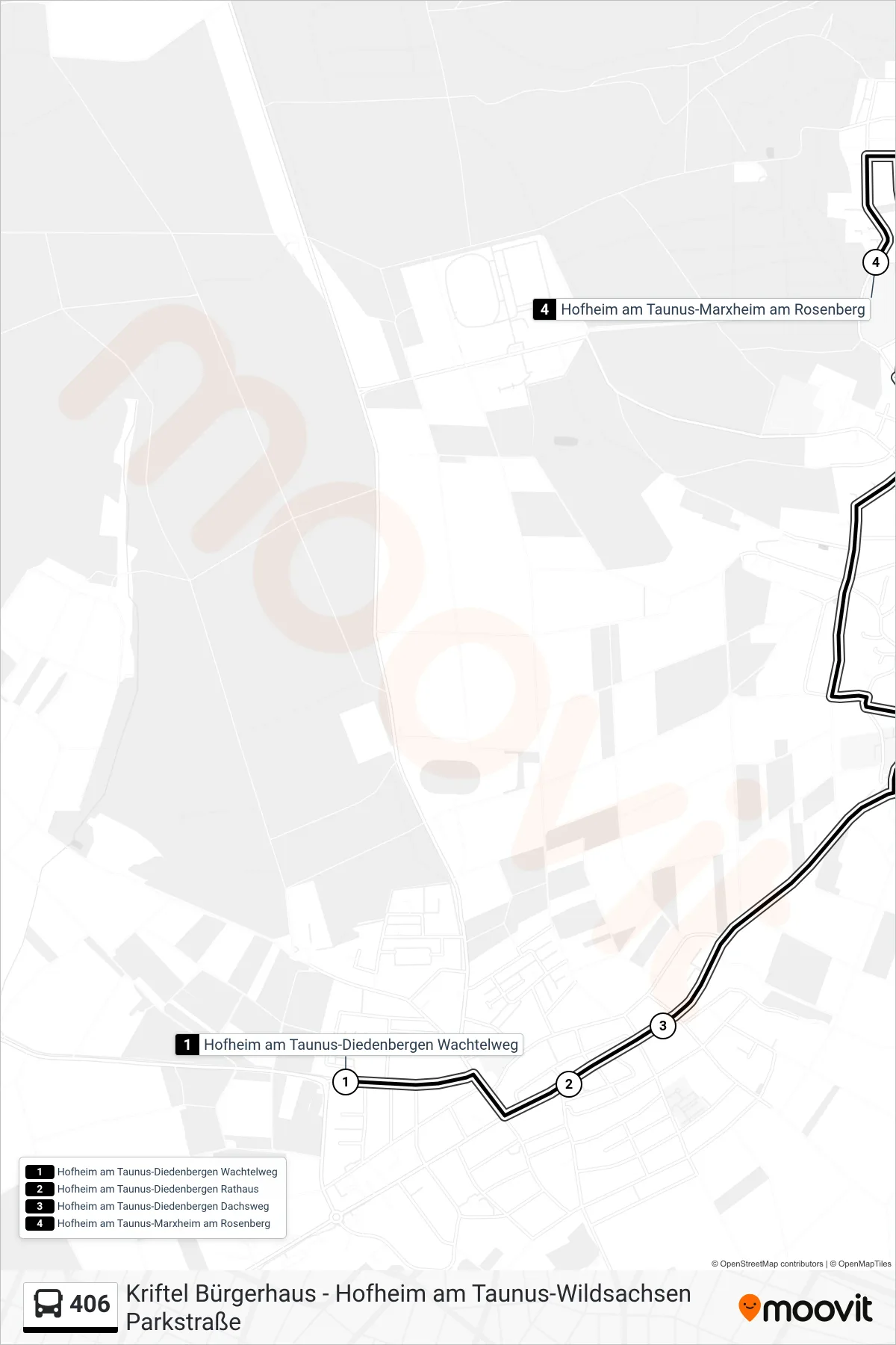 406 bus Line (Hofheim am Taunus-Marxheim am Rosenberg) route and stops on a map