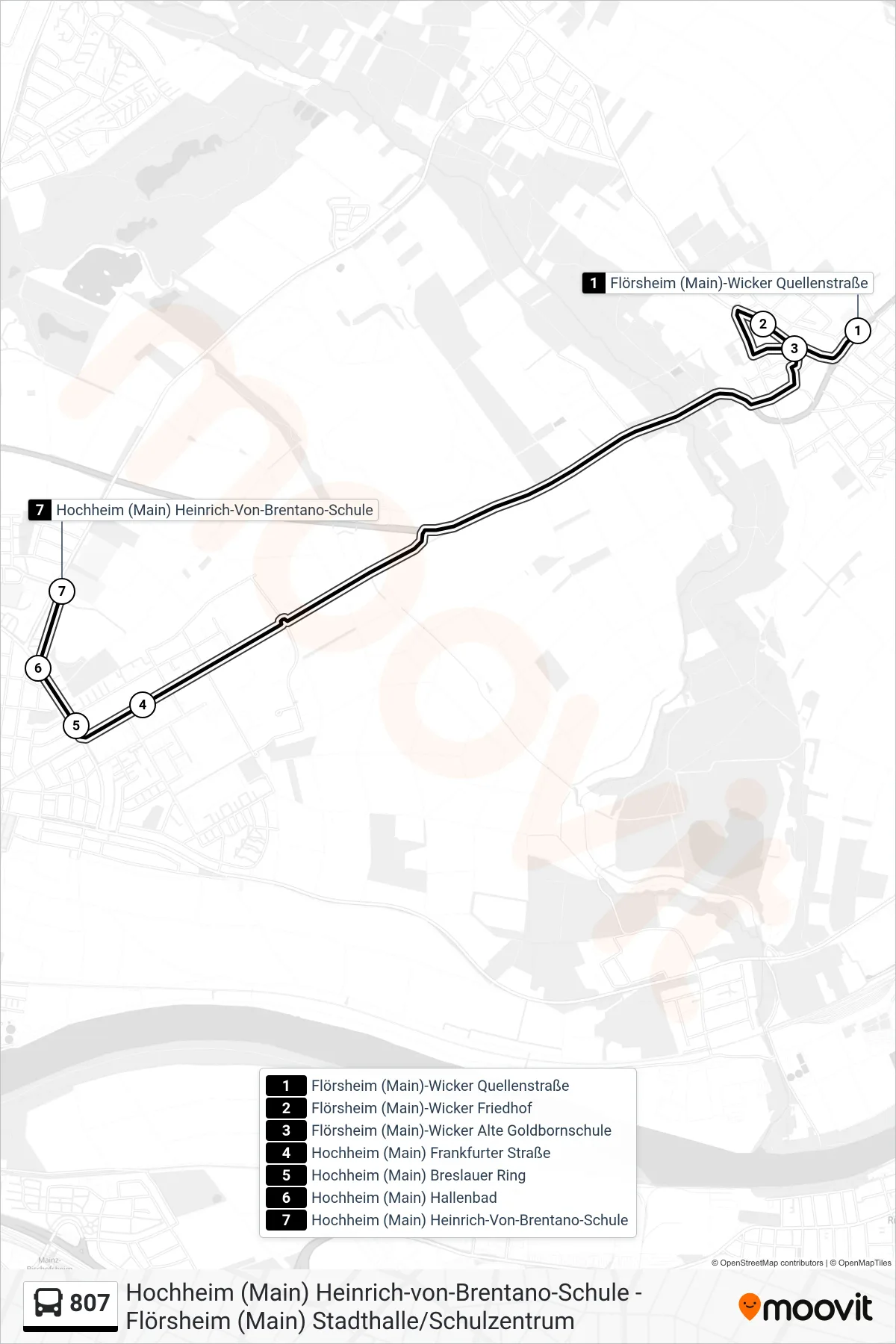 Linie 807 (Bus) Richtung Hochheim (Main) Heinrich-Von-Brentano-Schule: Route und Haltestellen auf der Karte