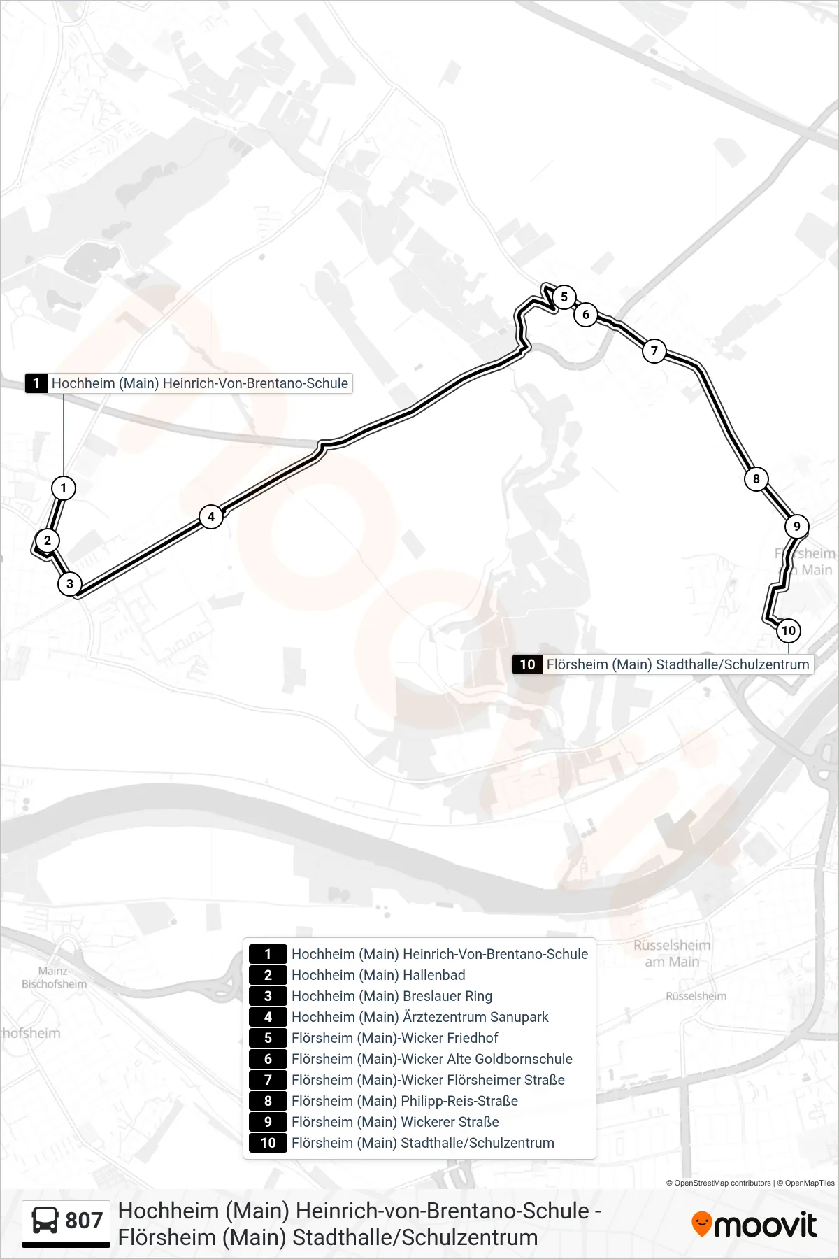 807 bus Line (Flörsheim (Main) Stadthalle/Schulzentrum) route and stops on a map