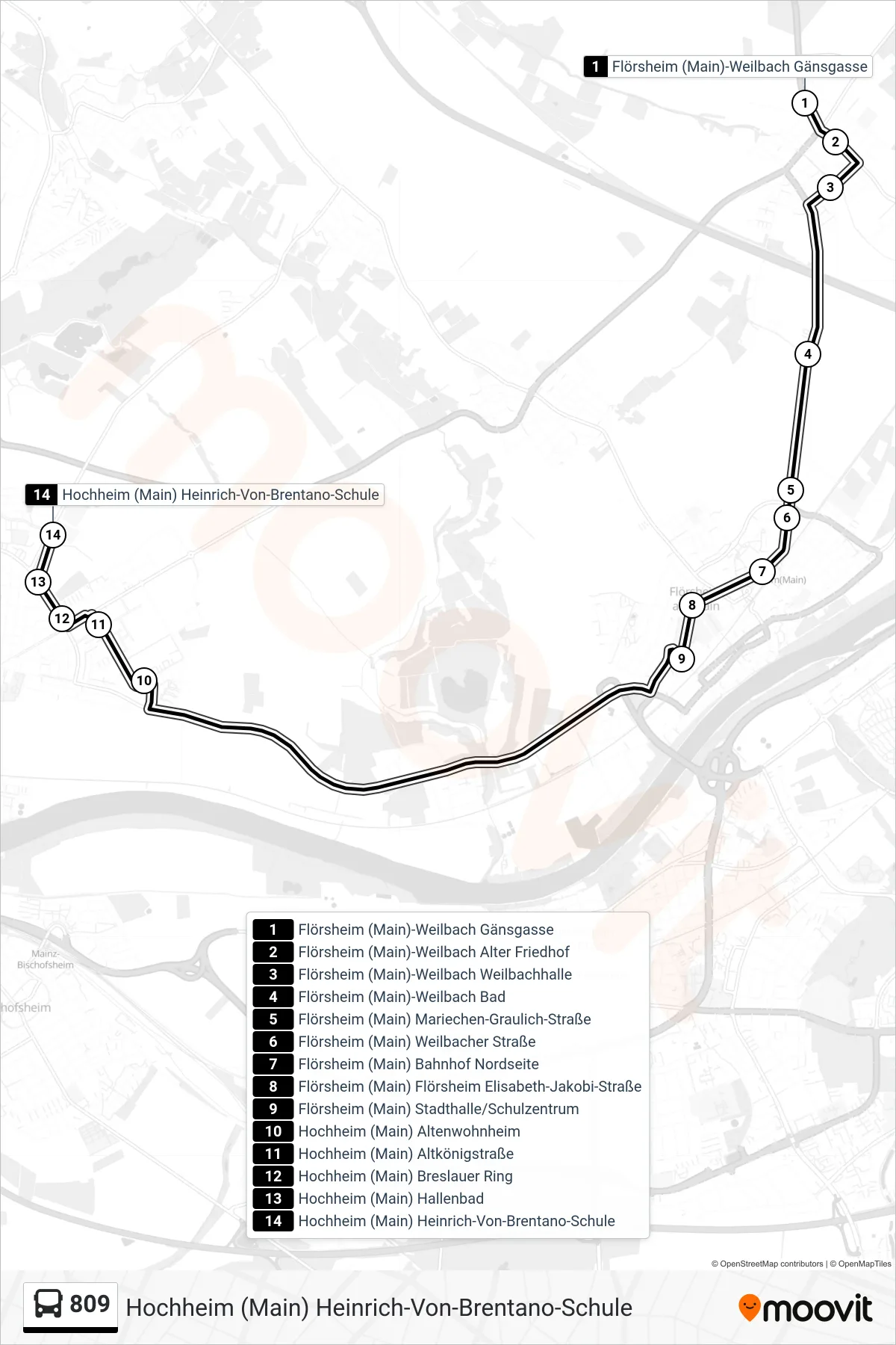 809 bus Line (Hochheim (Main) Heinrich-Von-Brentano-Schule) route and stops on a map