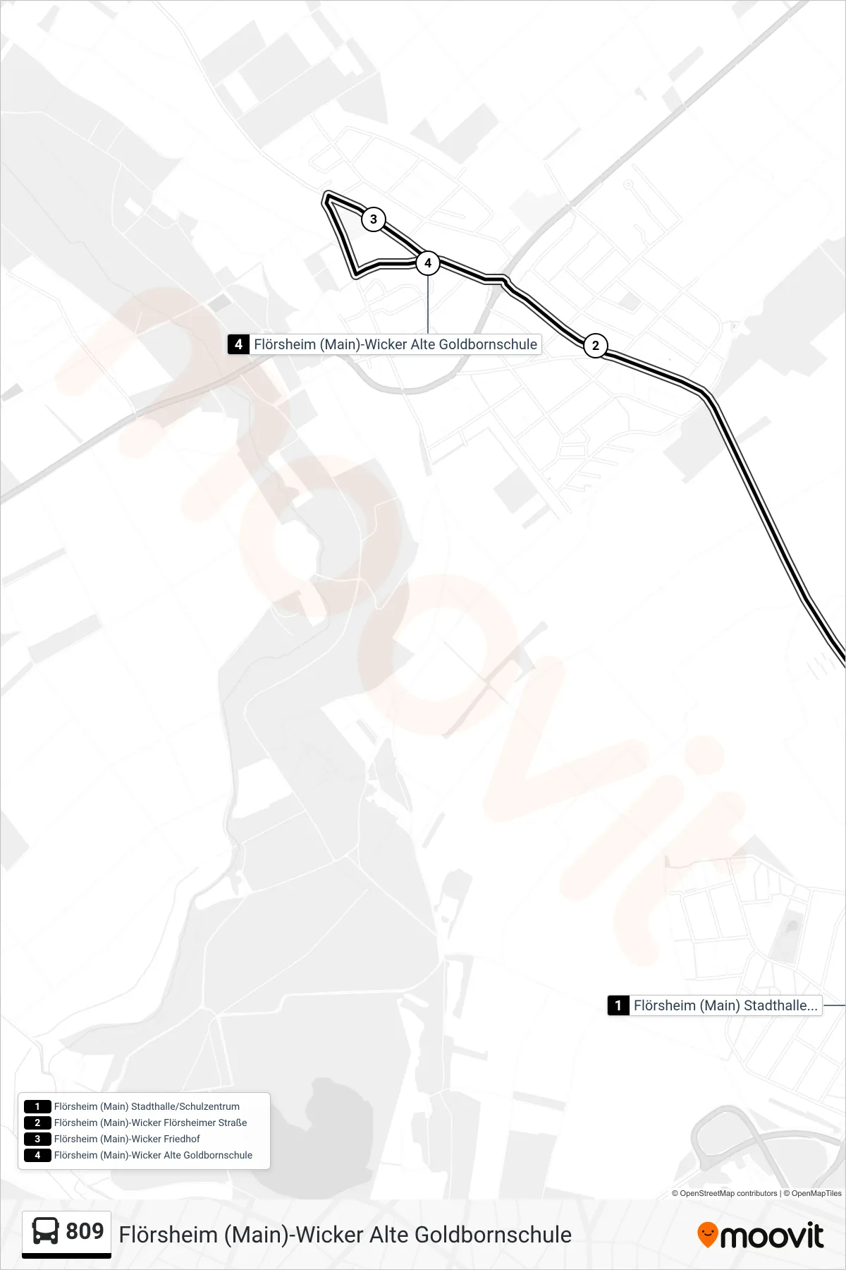 809 bus Line (Flörsheim (Main)-Wicker Alte Goldbornschule) route and stops on a map