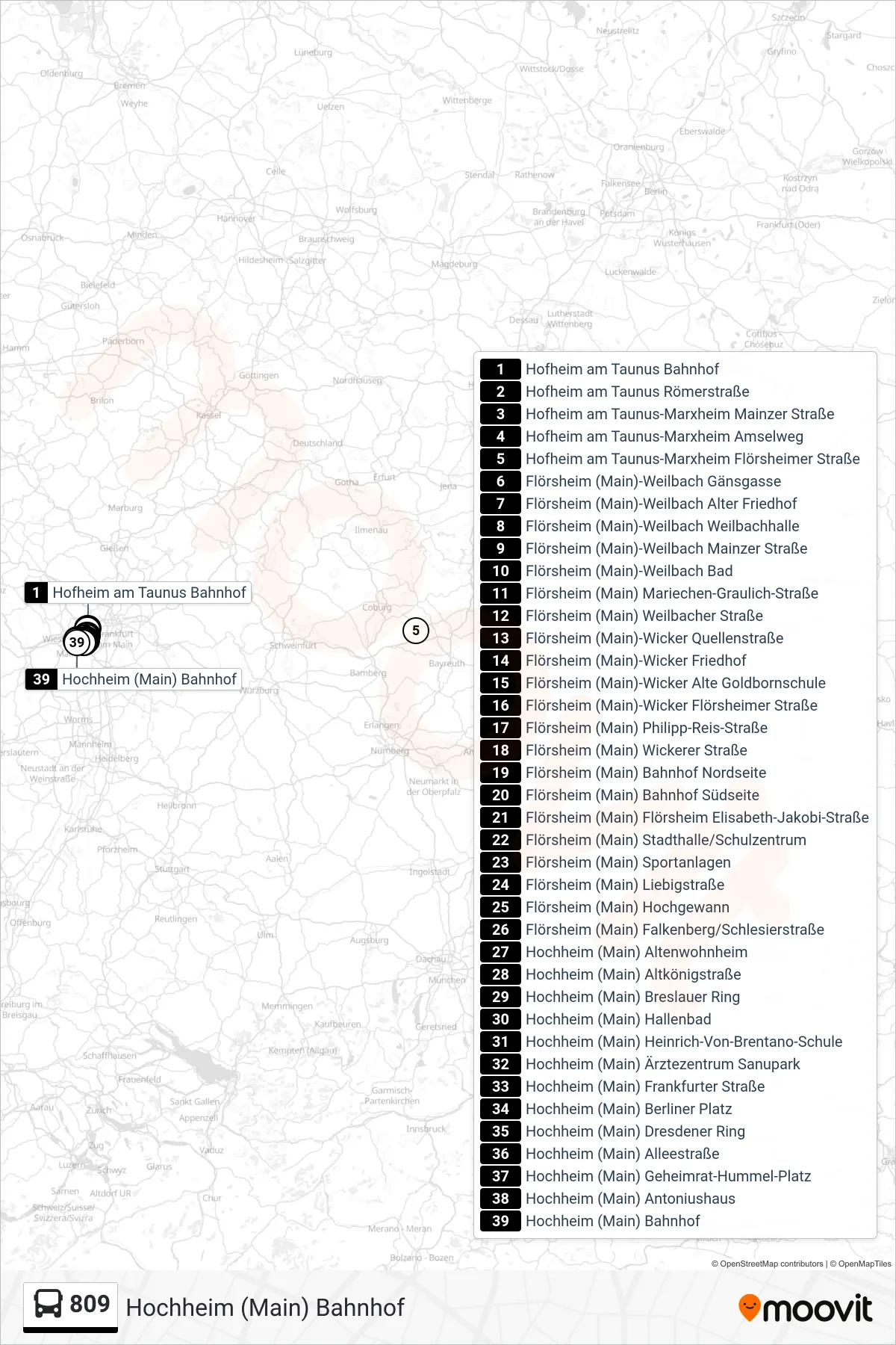 809 bus Line (Hochheim (Main) Bahnhof) route and stops on a map